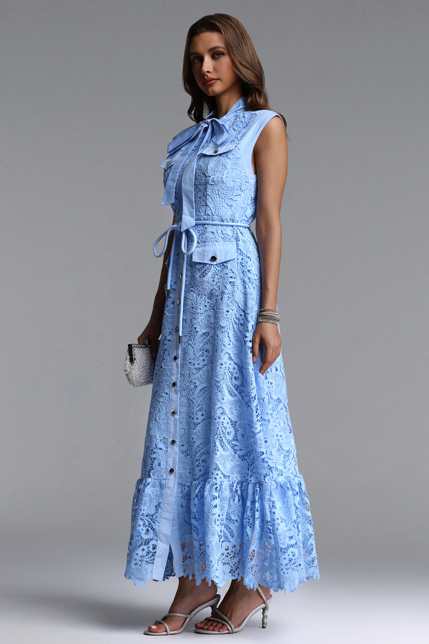 Ruthie Classic Tailored Sleeveless Bow Lace Maxi Dress