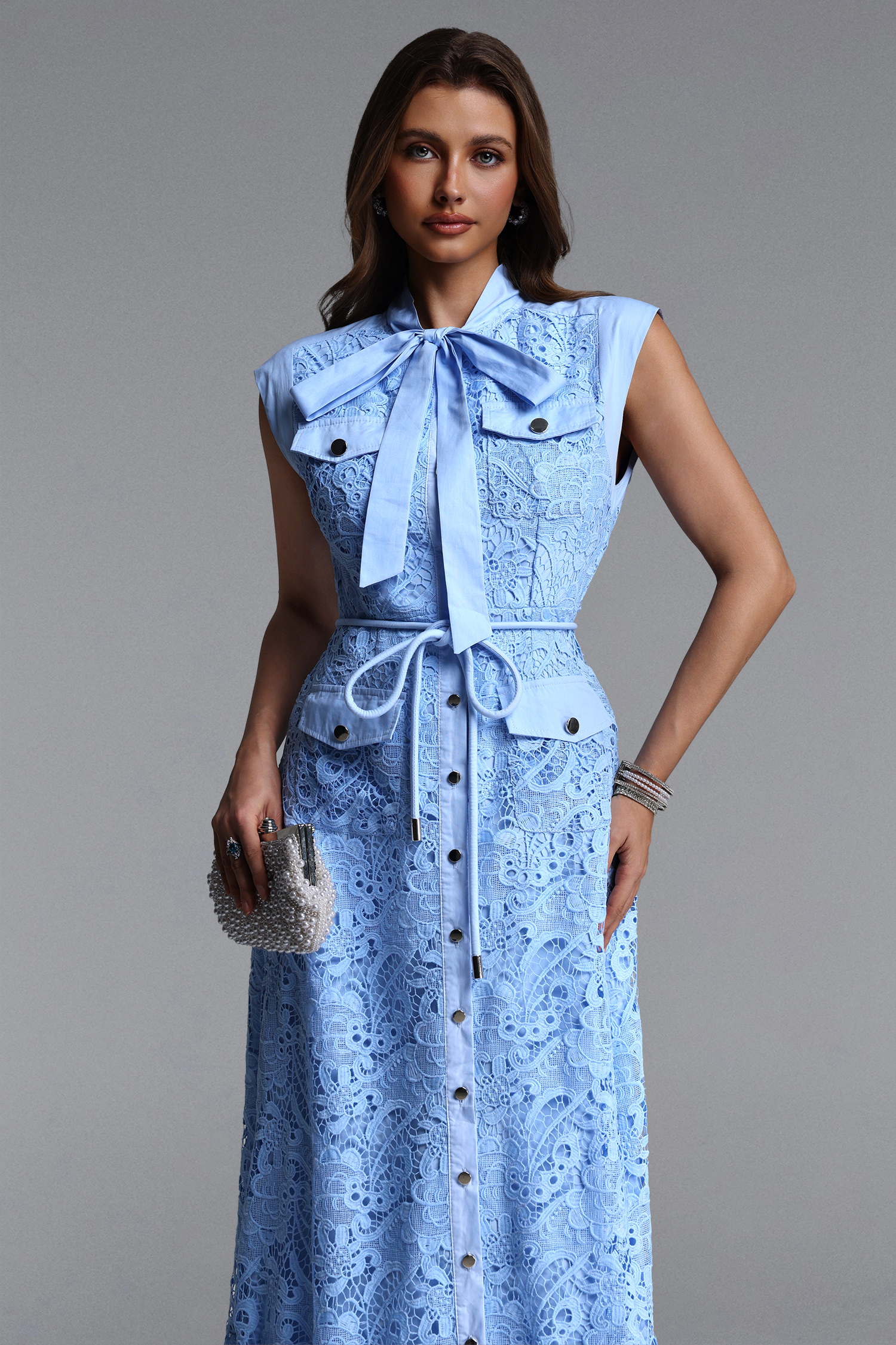 Ruthie Classic Tailored Sleeveless Bow Lace Maxi Dress