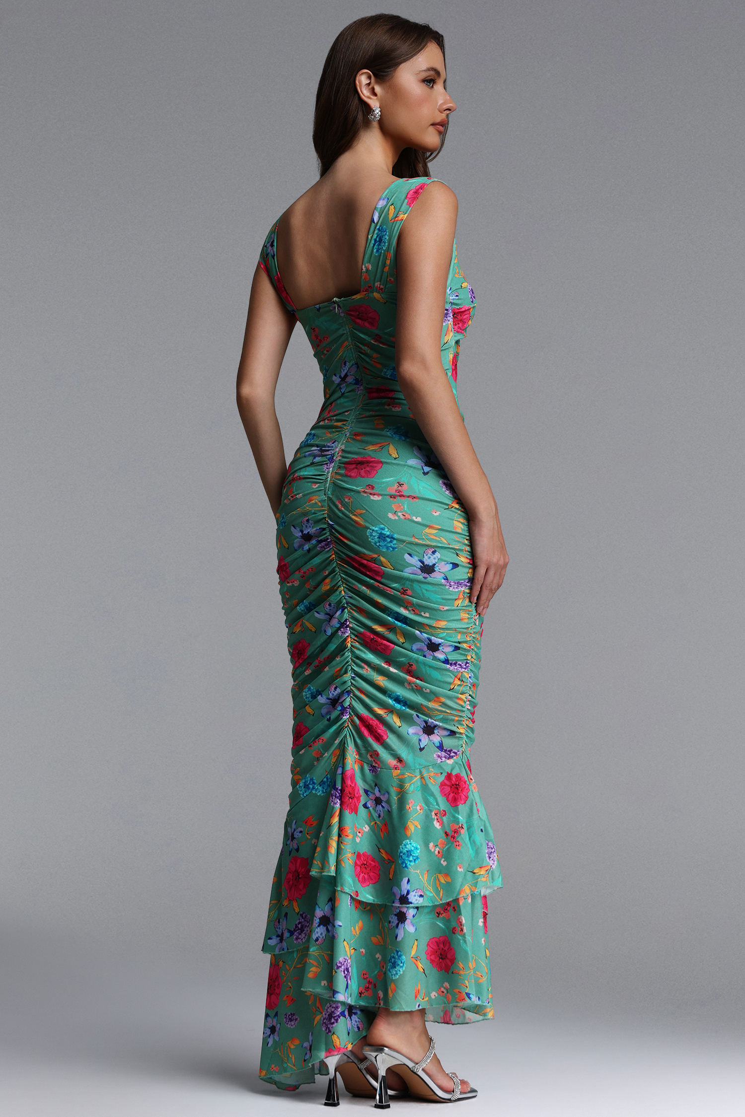 Derlyn Elegant Cinched Sleeveless Floral Print Mesh Maxi Dress