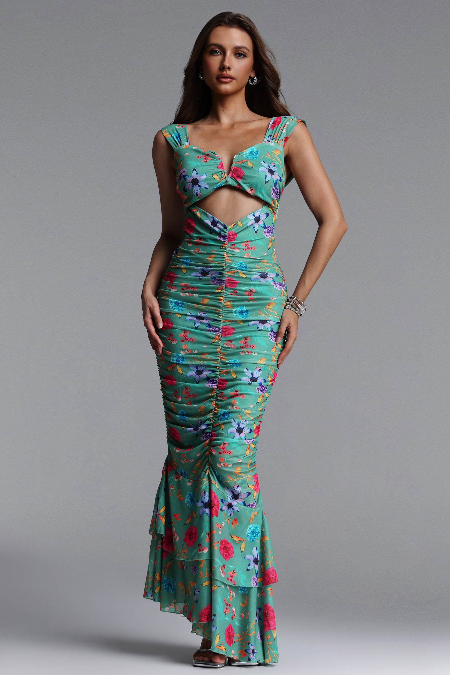 Derlyn Elegant Cinched Sleeveless Floral Print Mesh Maxi Dress