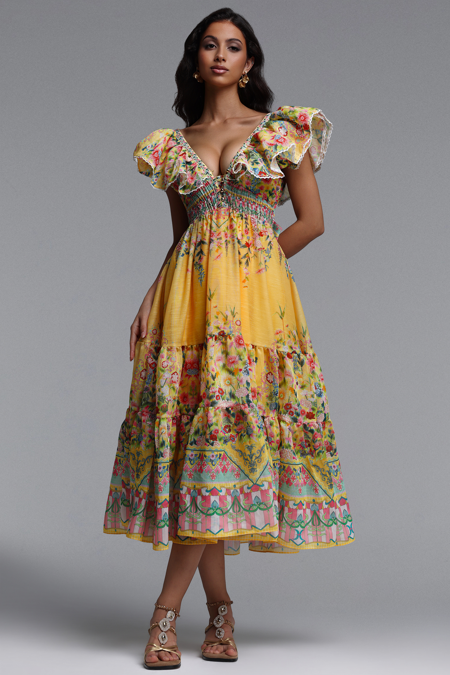Thyra Resort Flowy Sleeveless Ruffle Floral Print Woven Maxi Dress