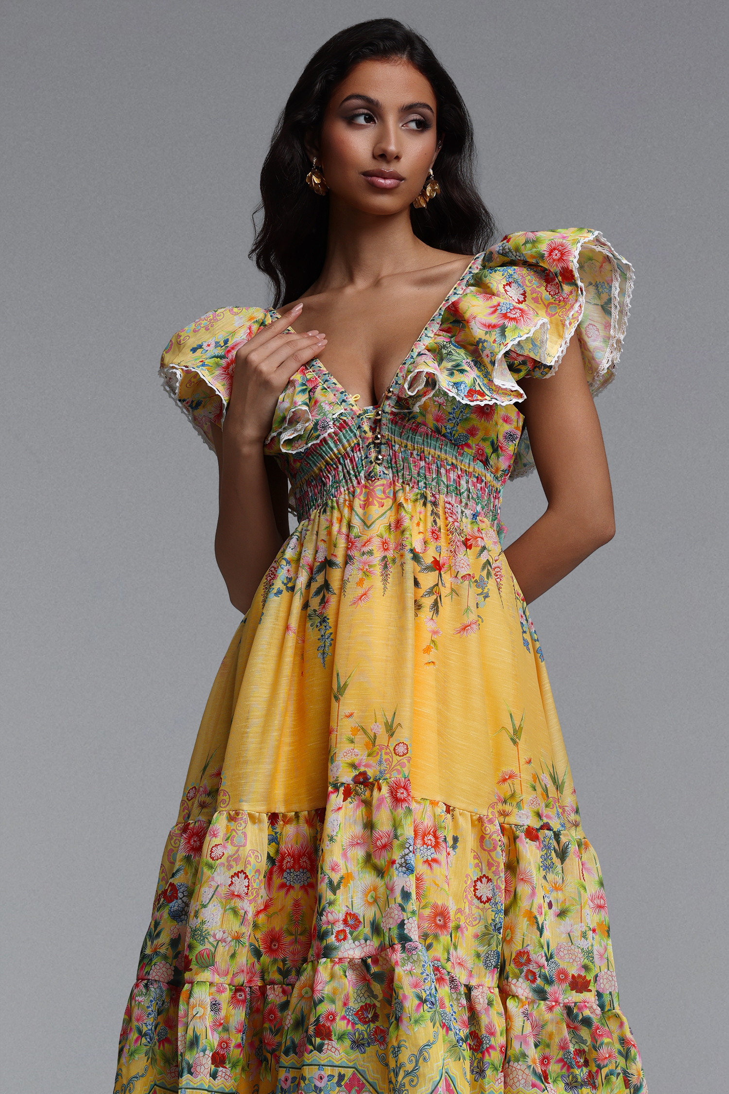 Thyra Resort Flowy Sleeveless Ruffle Floral Print Woven Maxi Dress