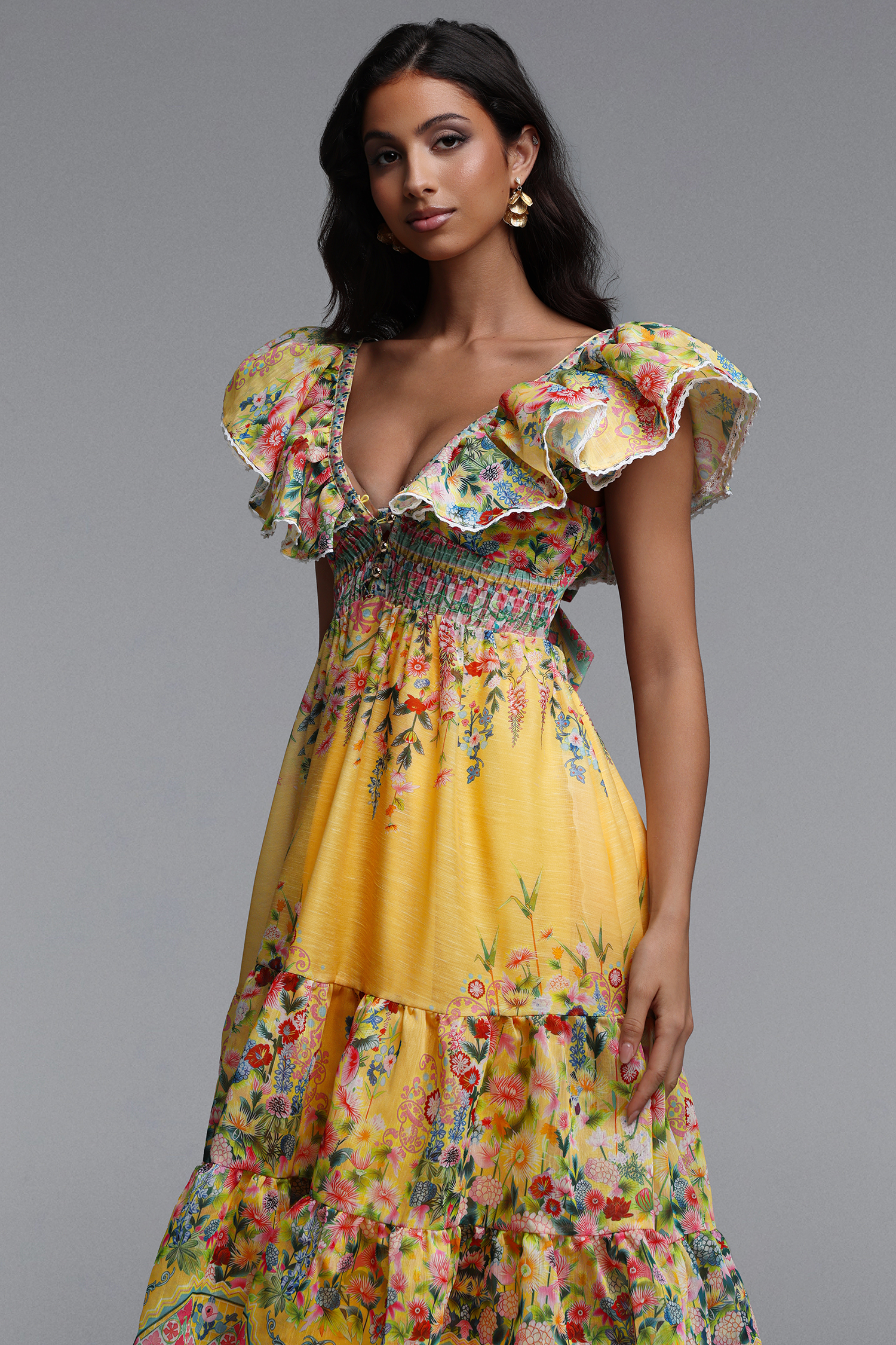 Thyra Resort Flowy Sleeveless Ruffle Floral Print Woven Maxi Dress