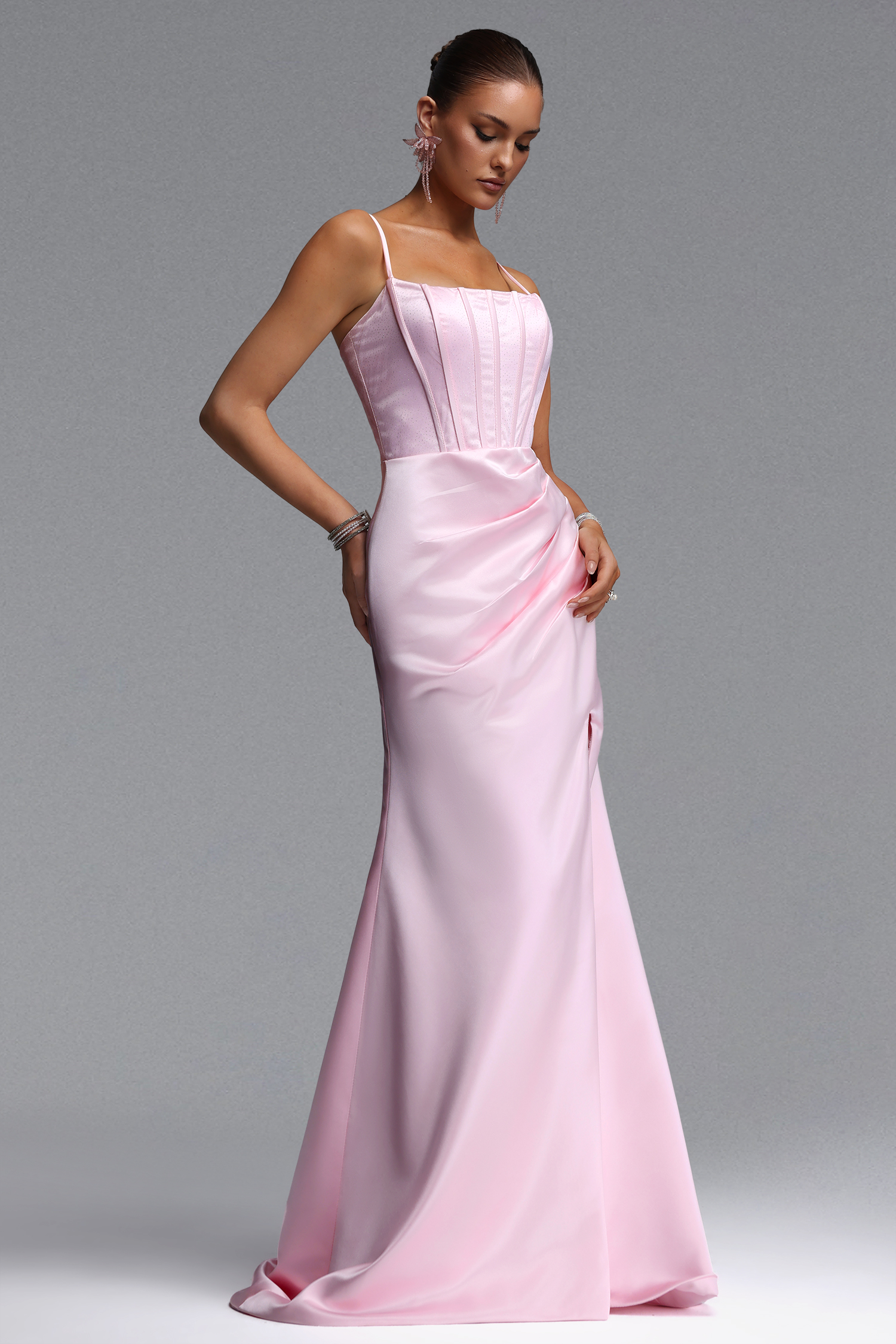 Eseniya Elegant Contour Corset Sequin Satin Slit Maxi Dress