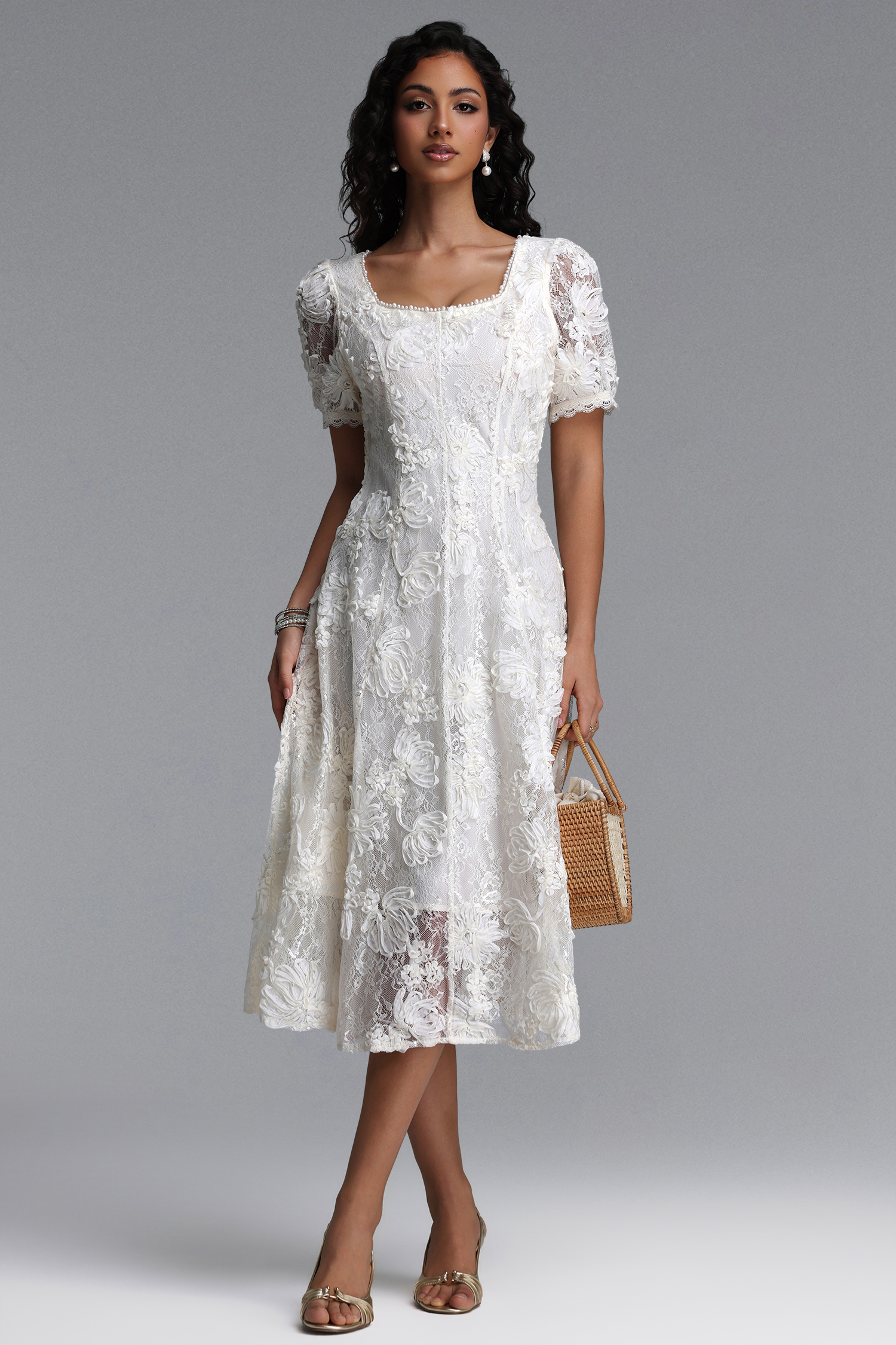 Yerza Elegant Tailored Short Sleeve Floral Woven Maxi Dress