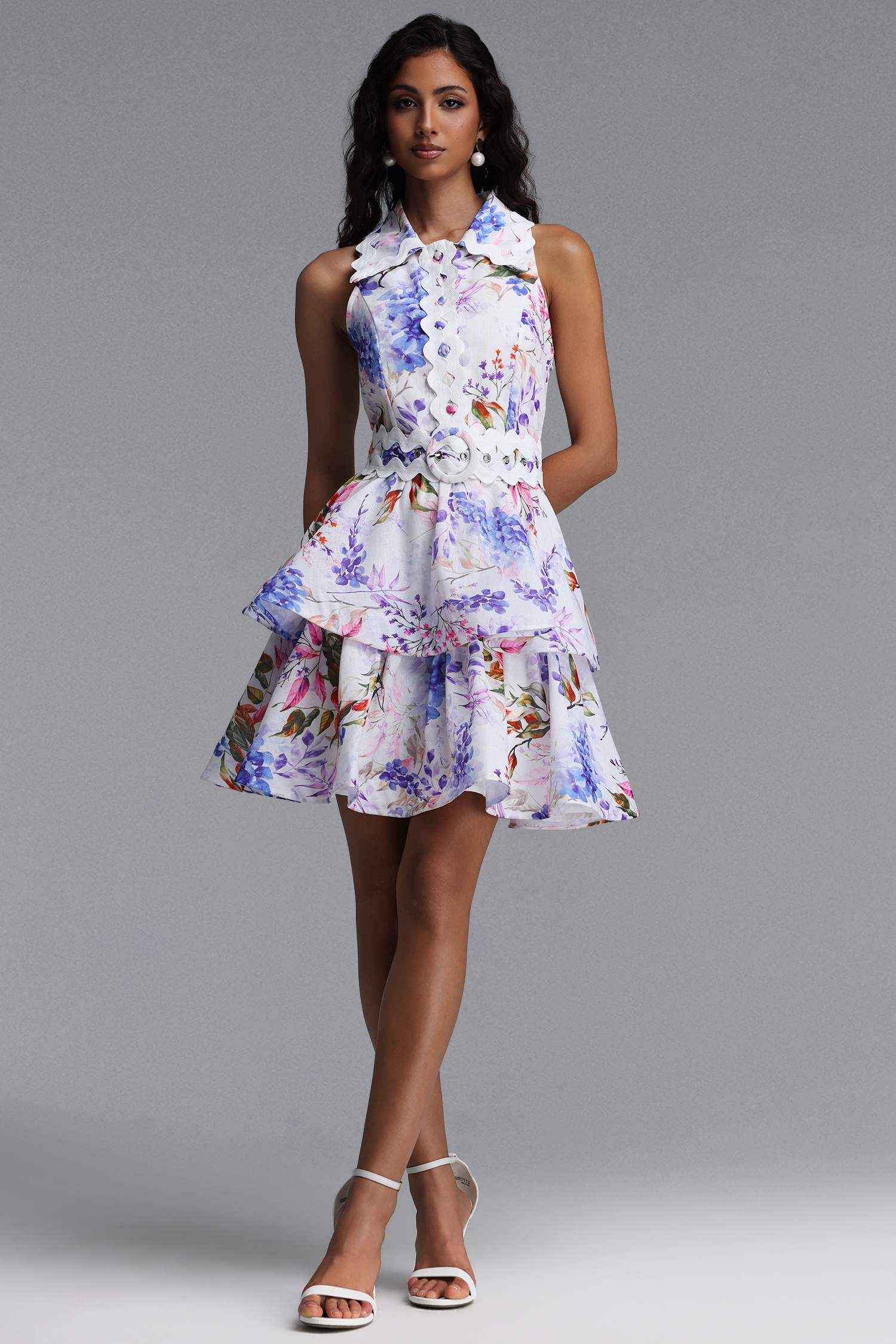 Dilara Chic Tailored Sleeveless Floral Print Woven Mini Dress