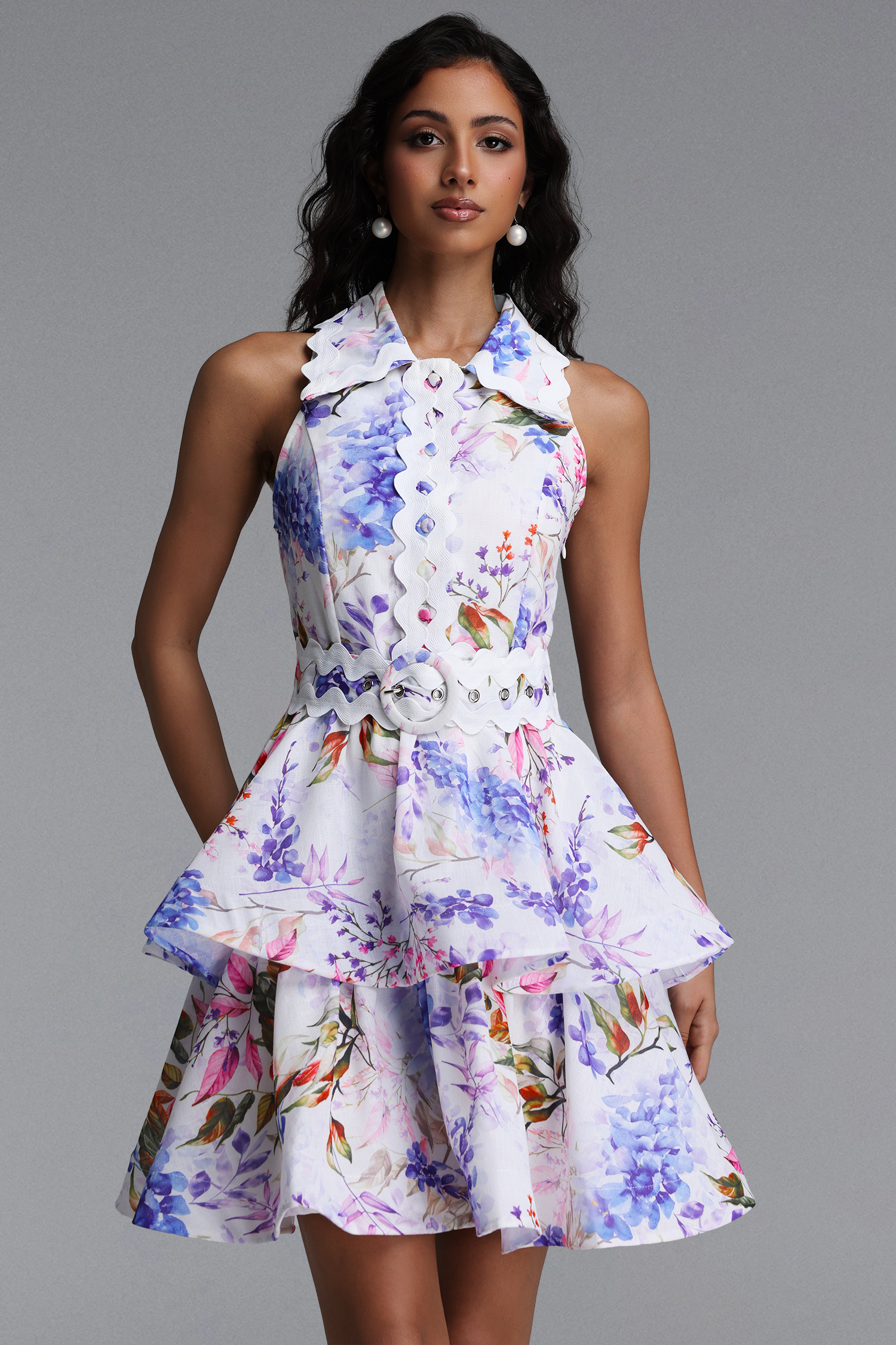 Dilara Chic Tailored Sleeveless Floral Print Woven Mini Dress