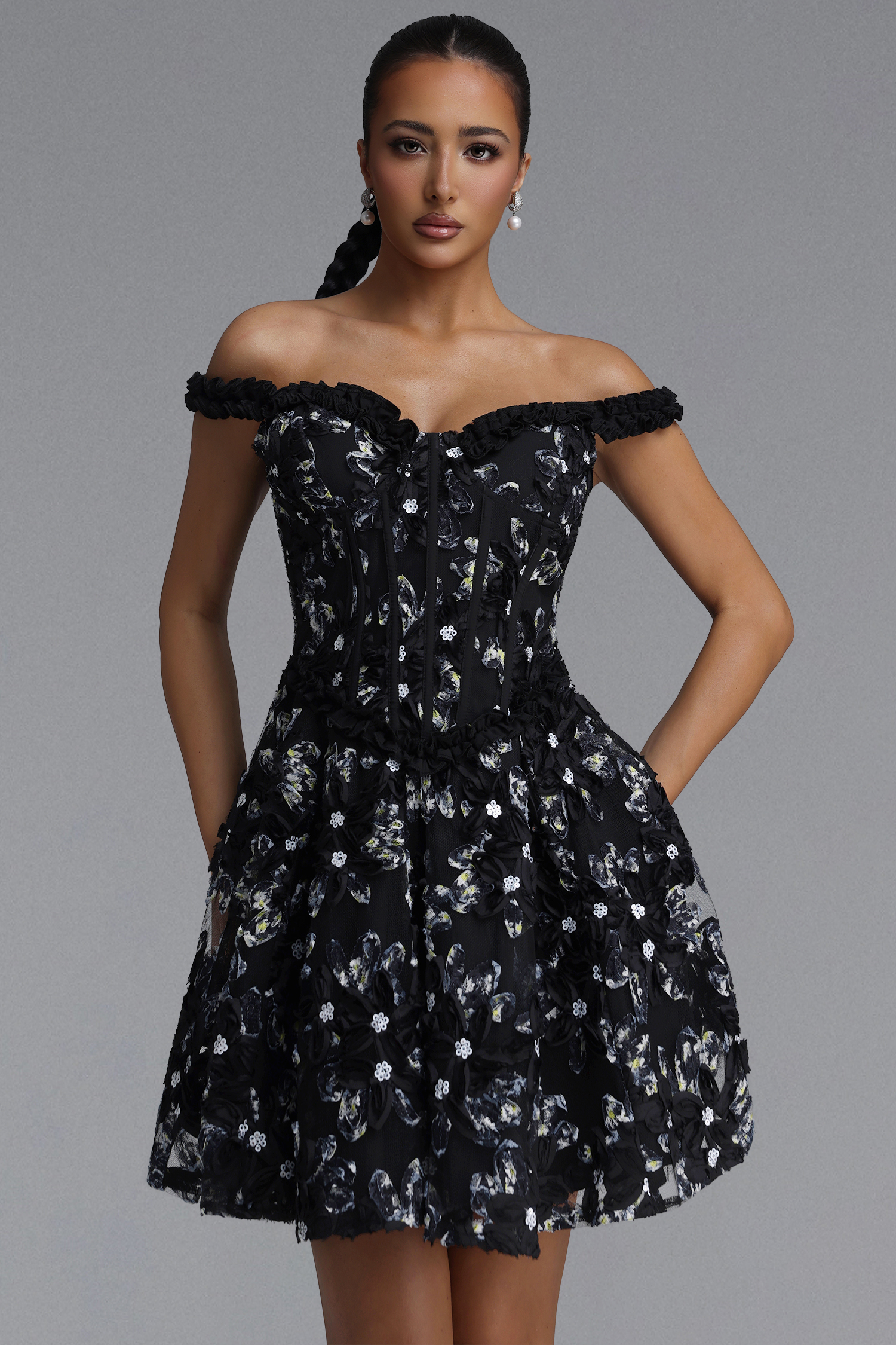 Tafari Romantic Tailored Off Shoulder Floral Woven Mini Dress