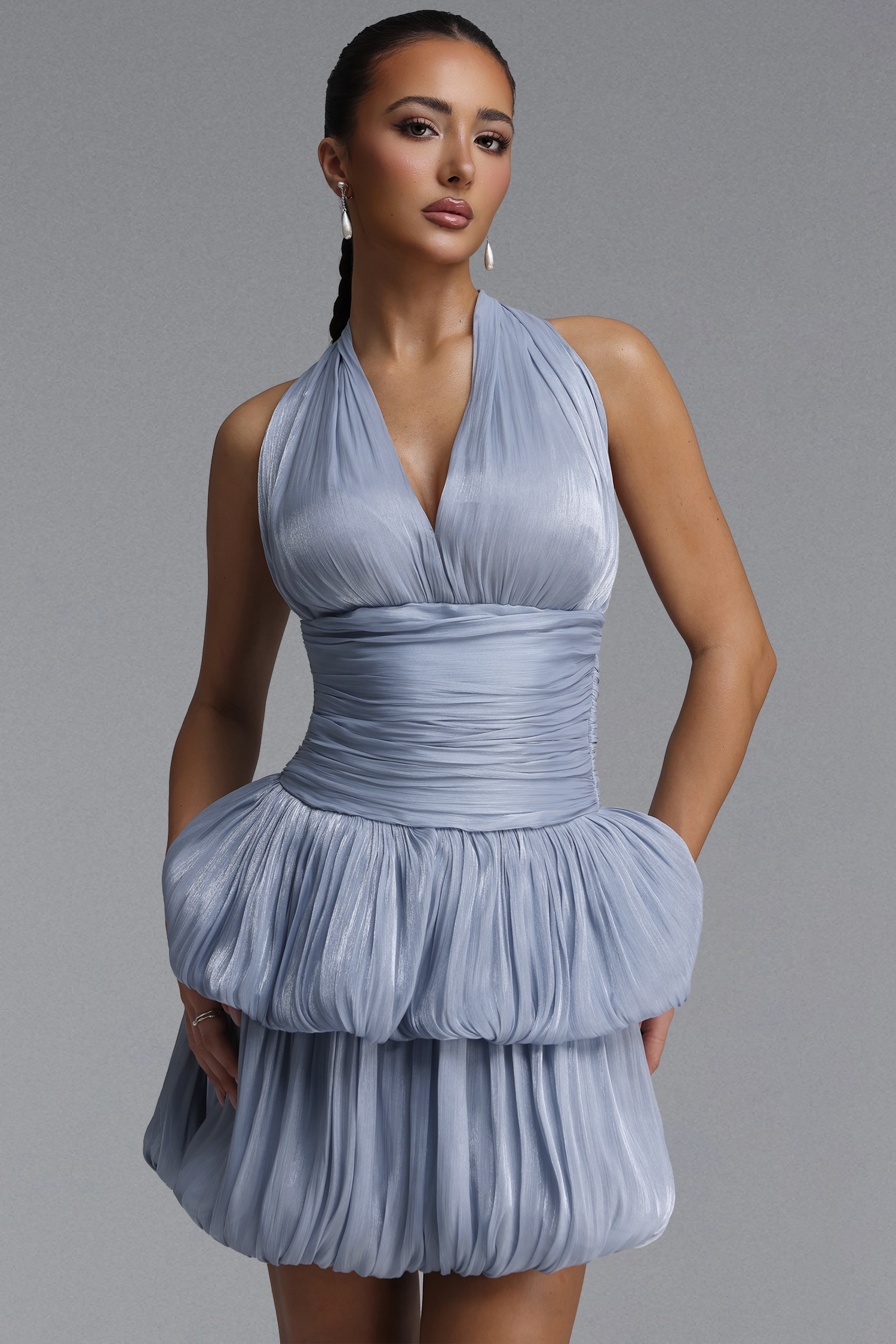 Salita Elegant Tailored V Neck Sleeveless Shimmer Satin Mini Dress