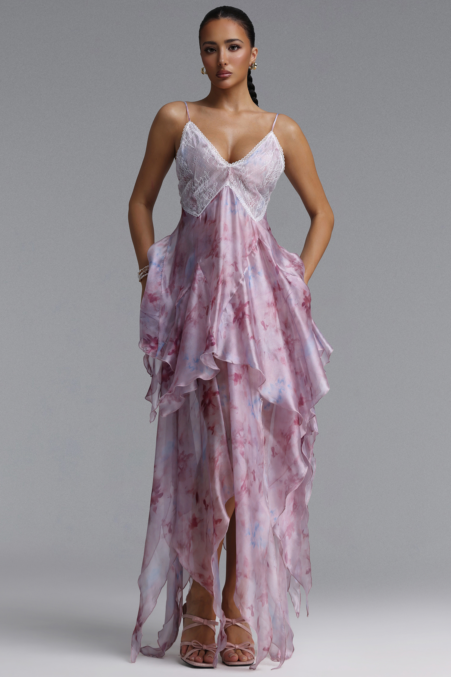 Yuni Resort Flowy Spaghetti Strap Lace Trimmed Asymmetric Ruffle Woven Maxi Dress