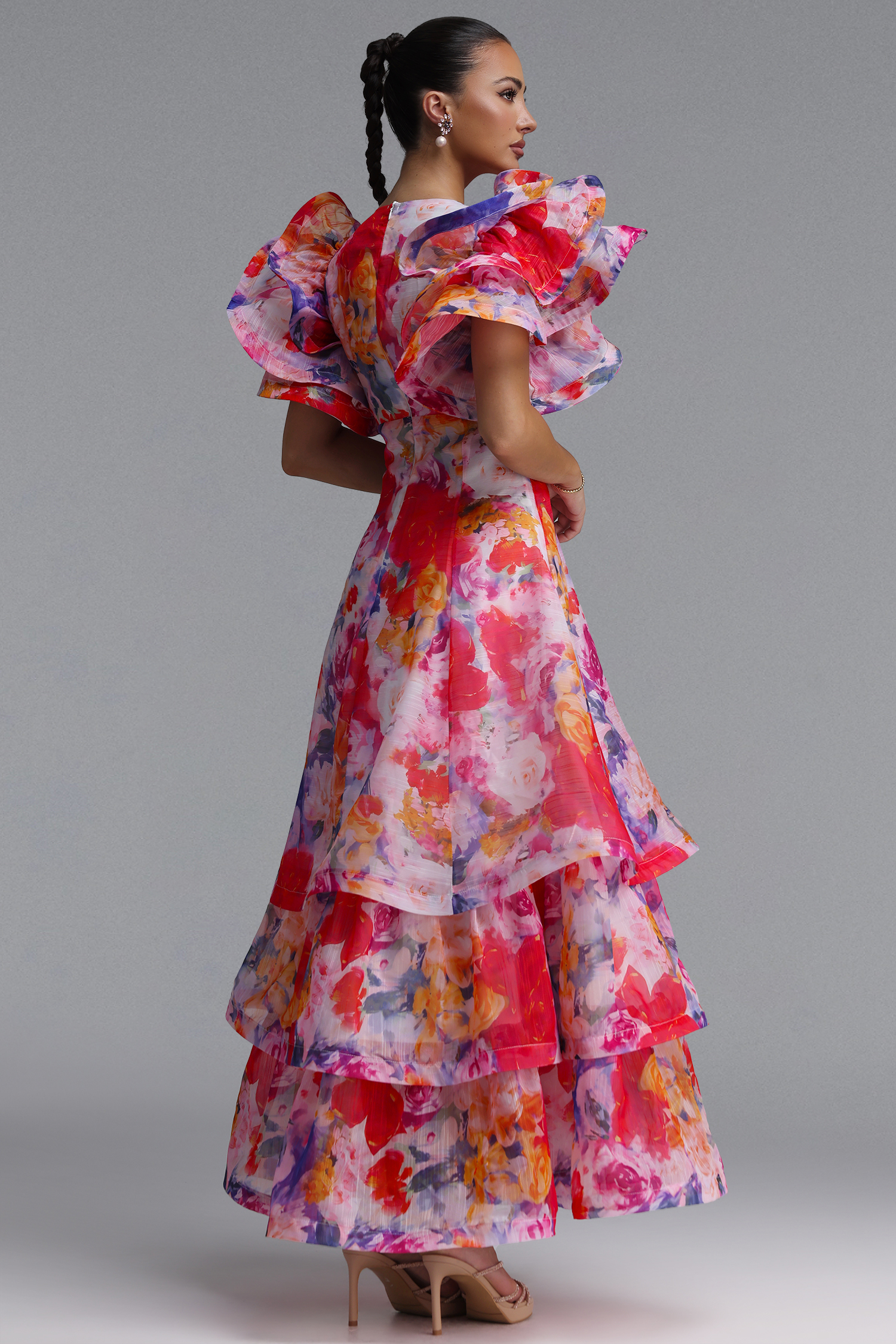 Wenie Printed V-Neck Folds Layered Maxi Dress