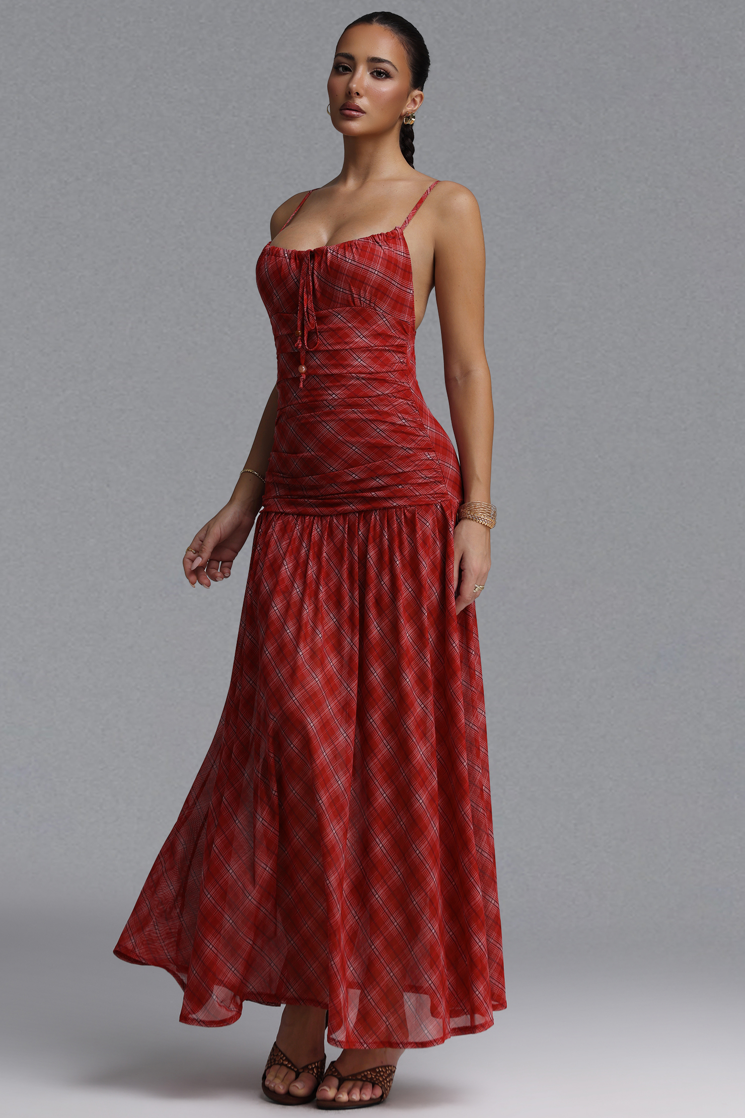 Imane Resort Flowy Spaghetti Strap Plaid Chiffon Maxi Dress