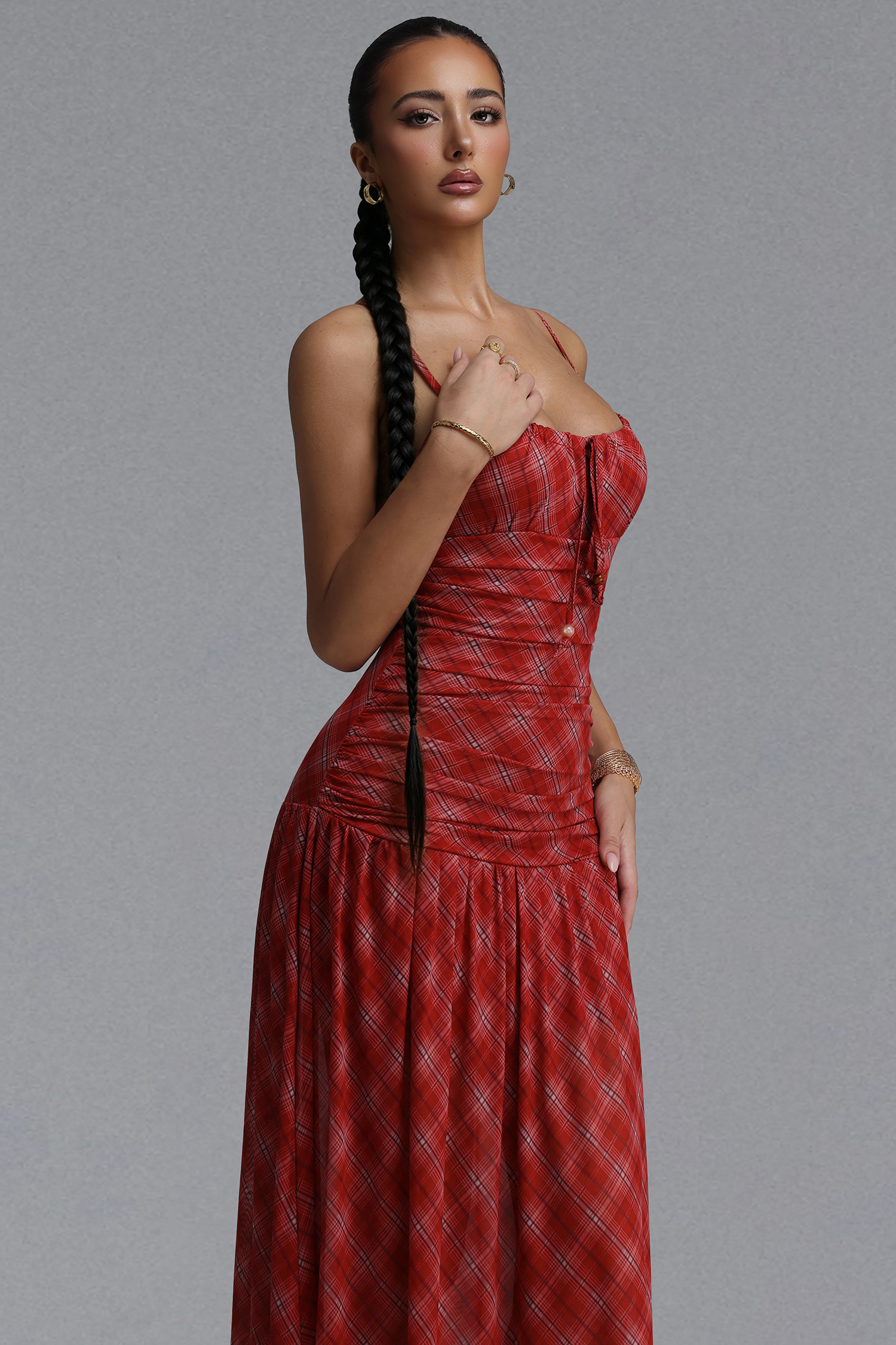 Imane Resort Flowy Spaghetti Strap Plaid Chiffon Maxi Dress