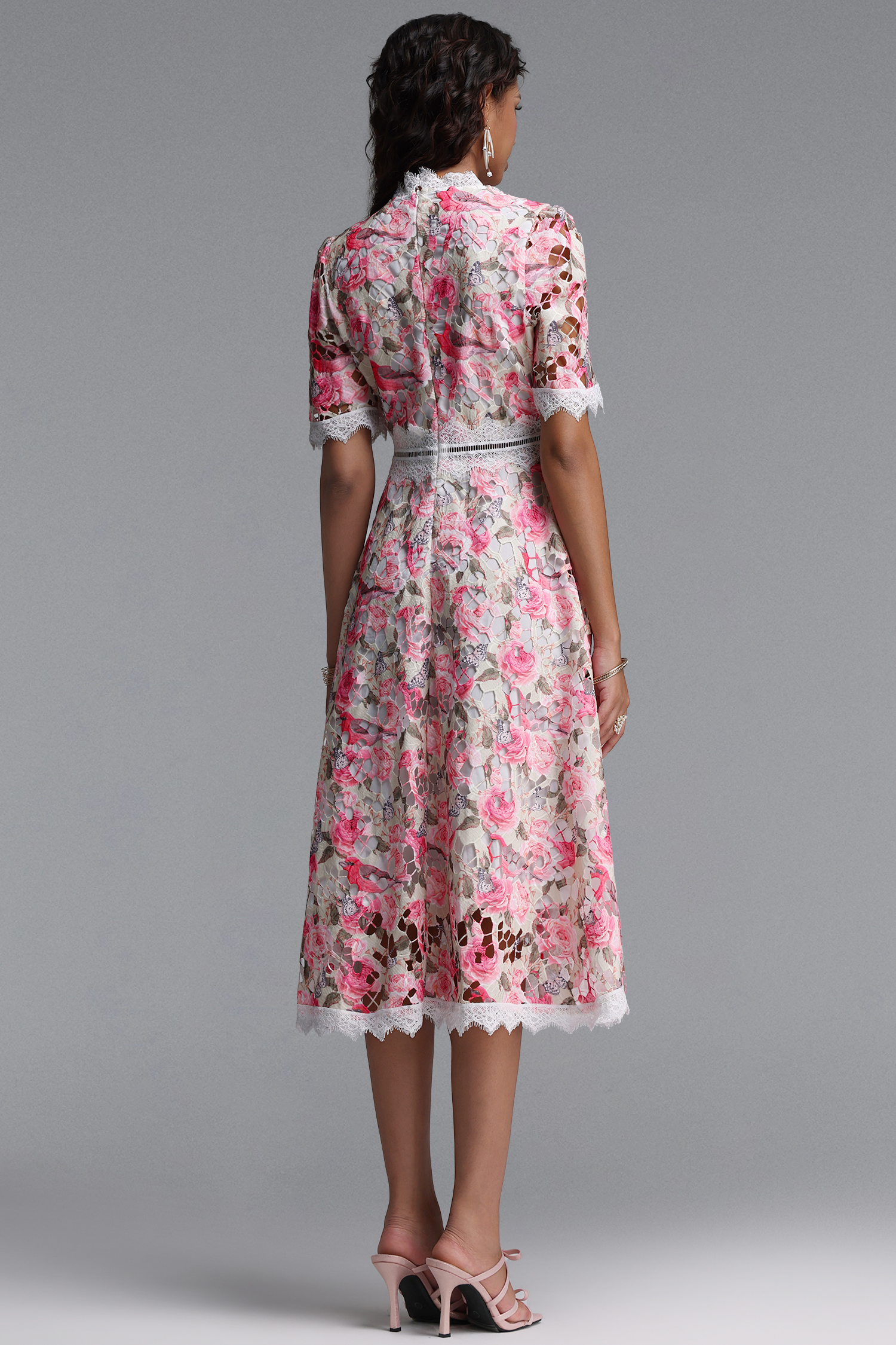 Perly Classic Cinched Short Sleeve Floral Print Lace Midi Dress