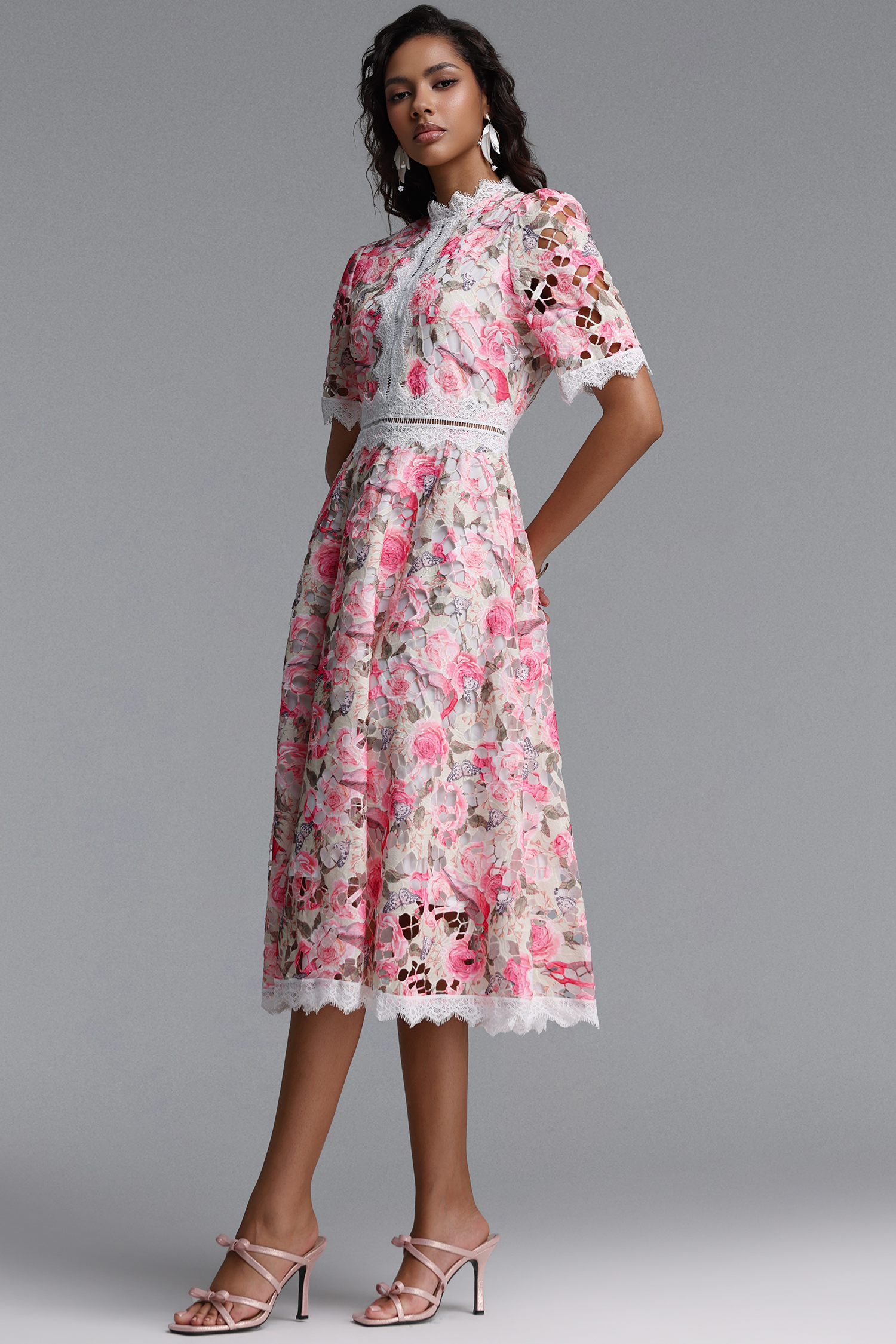 Perly Classic Cinched Short Sleeve Floral Print Lace Midi Dress