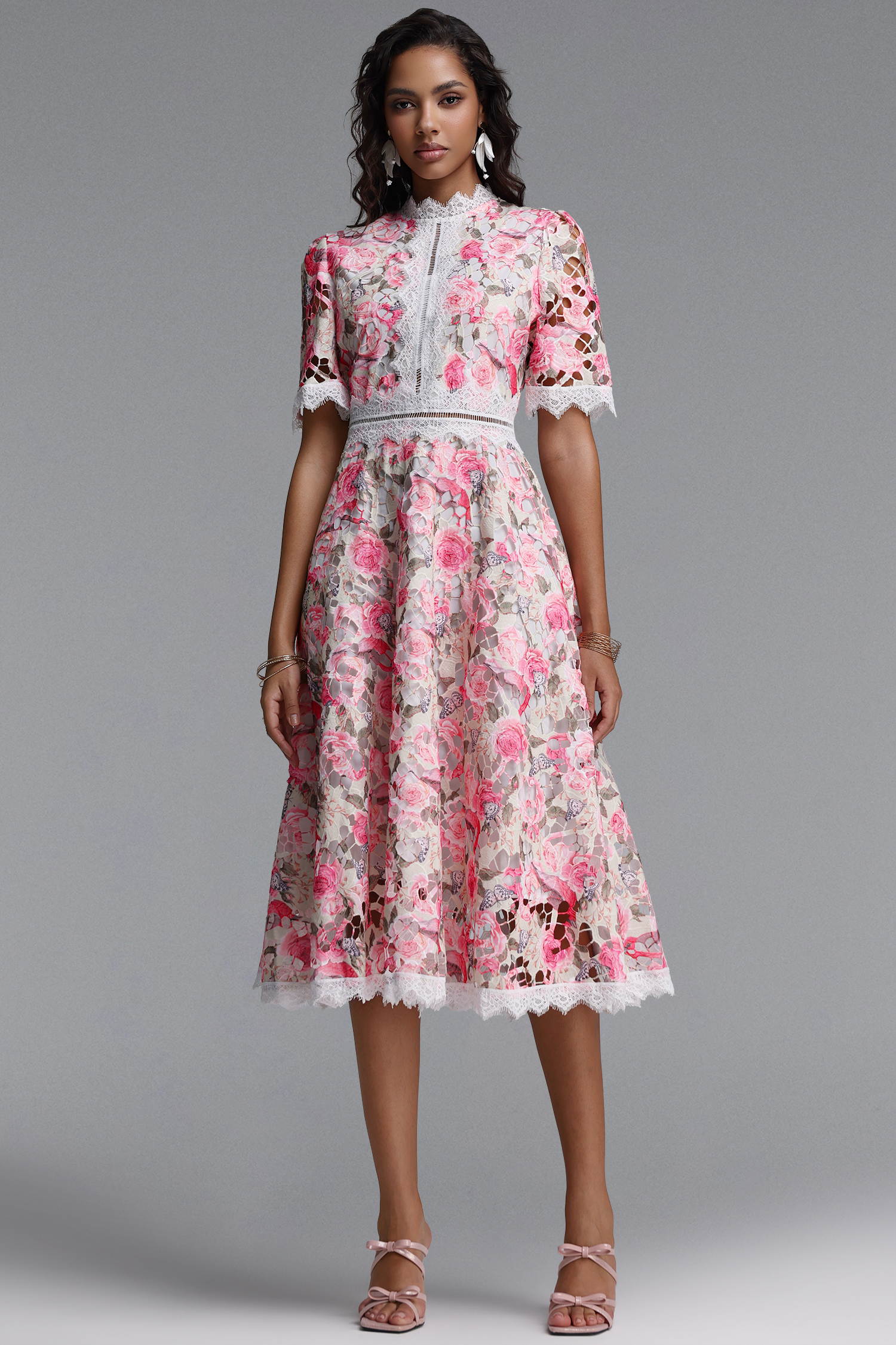Perly Classic Cinched Short Sleeve Floral Print Lace Midi Dress