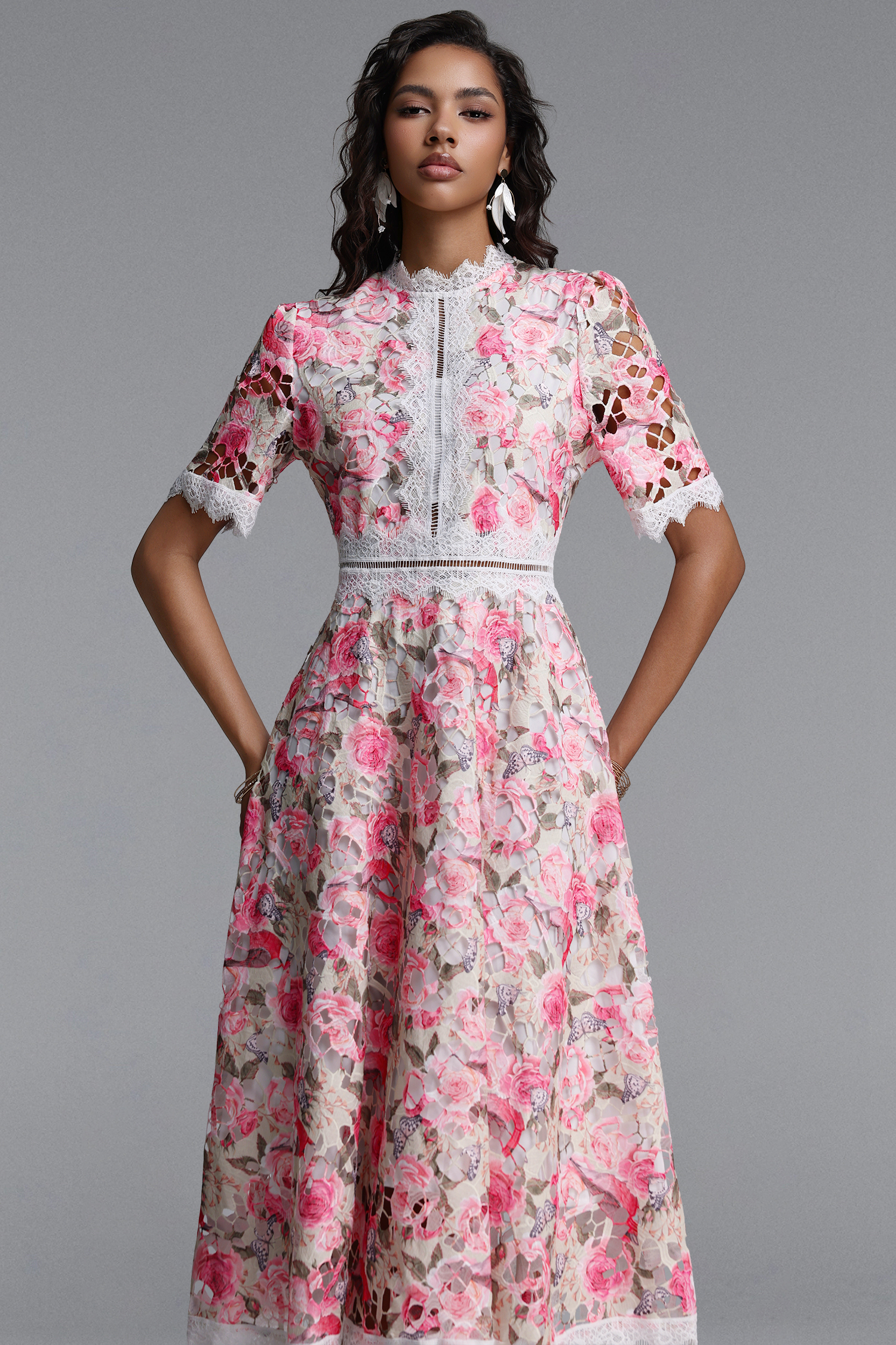 Perly Classic Cinched Short Sleeve Floral Print Lace Midi Dress