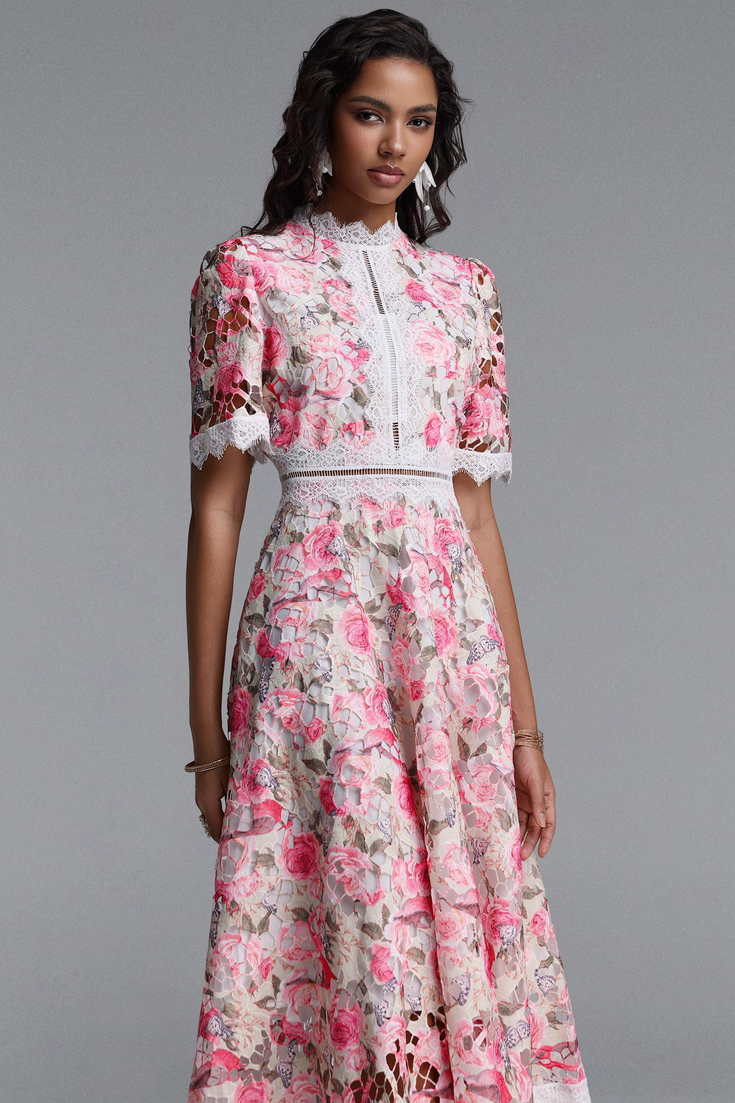 Perly Classic Cinched Short Sleeve Floral Print Lace Midi Dress