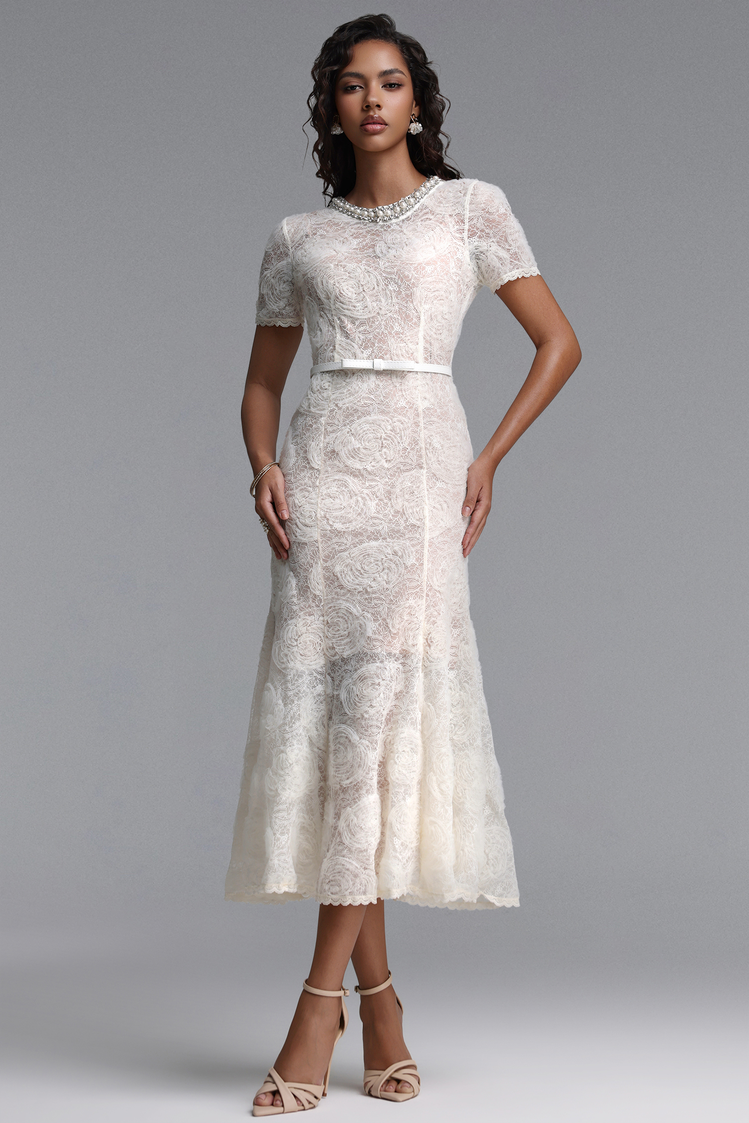 Shaylah Classic Tailored Short Sleeve Floral Pearl Rhinestone Woven Maxi Dress