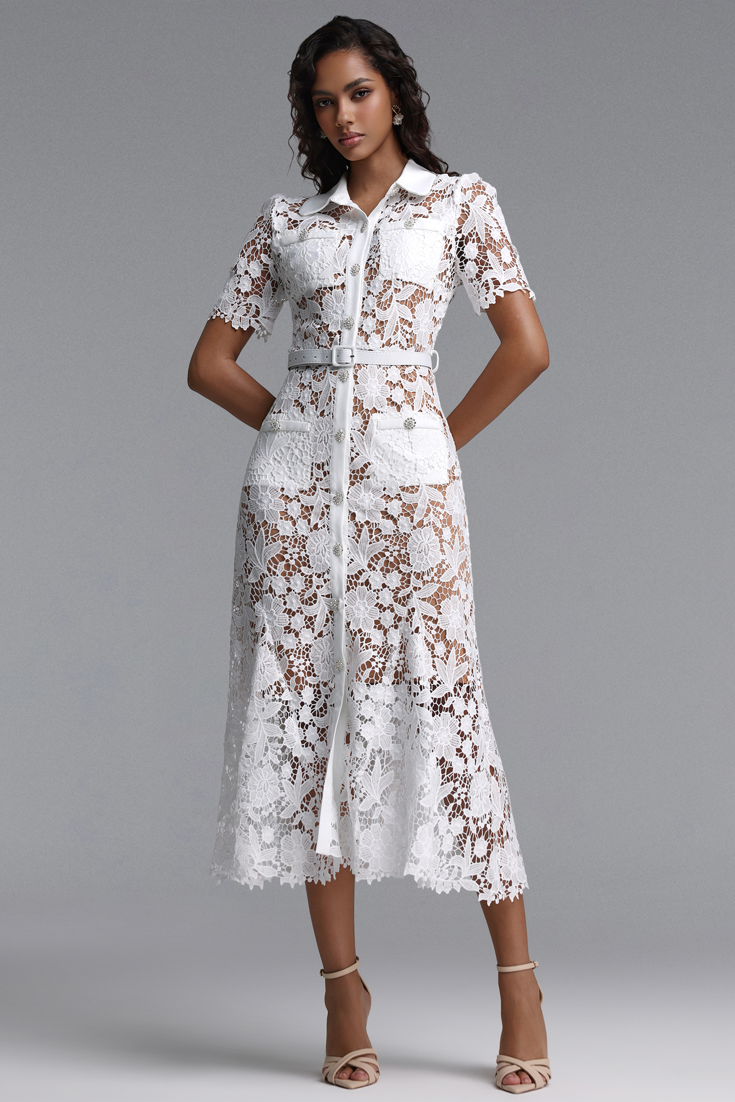 Sabryn Classic Tailored Short Sleeve Floral Lace Maxi Dress