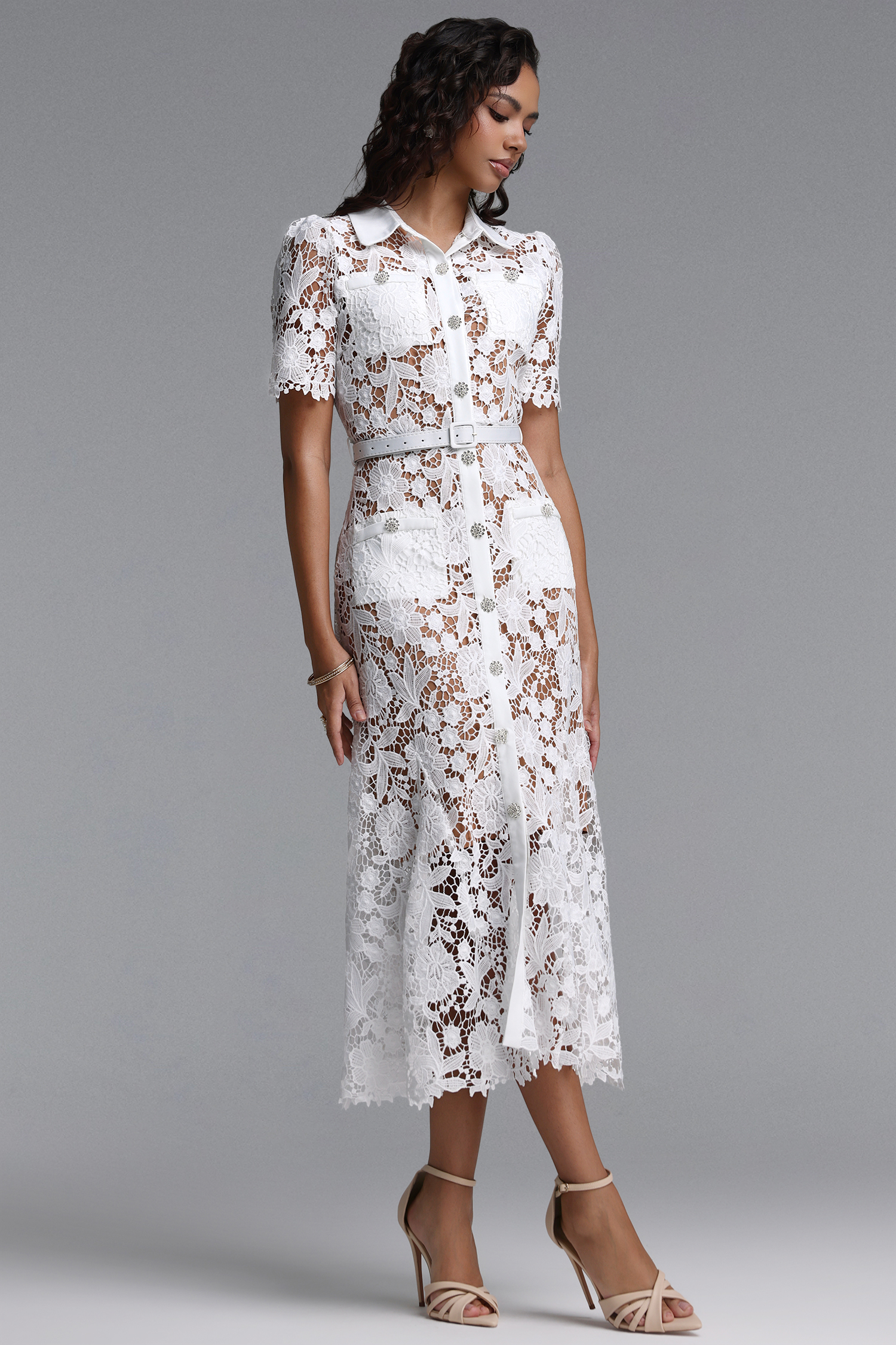 Sabryn Classic Tailored Short Sleeve Floral Lace Maxi Dress