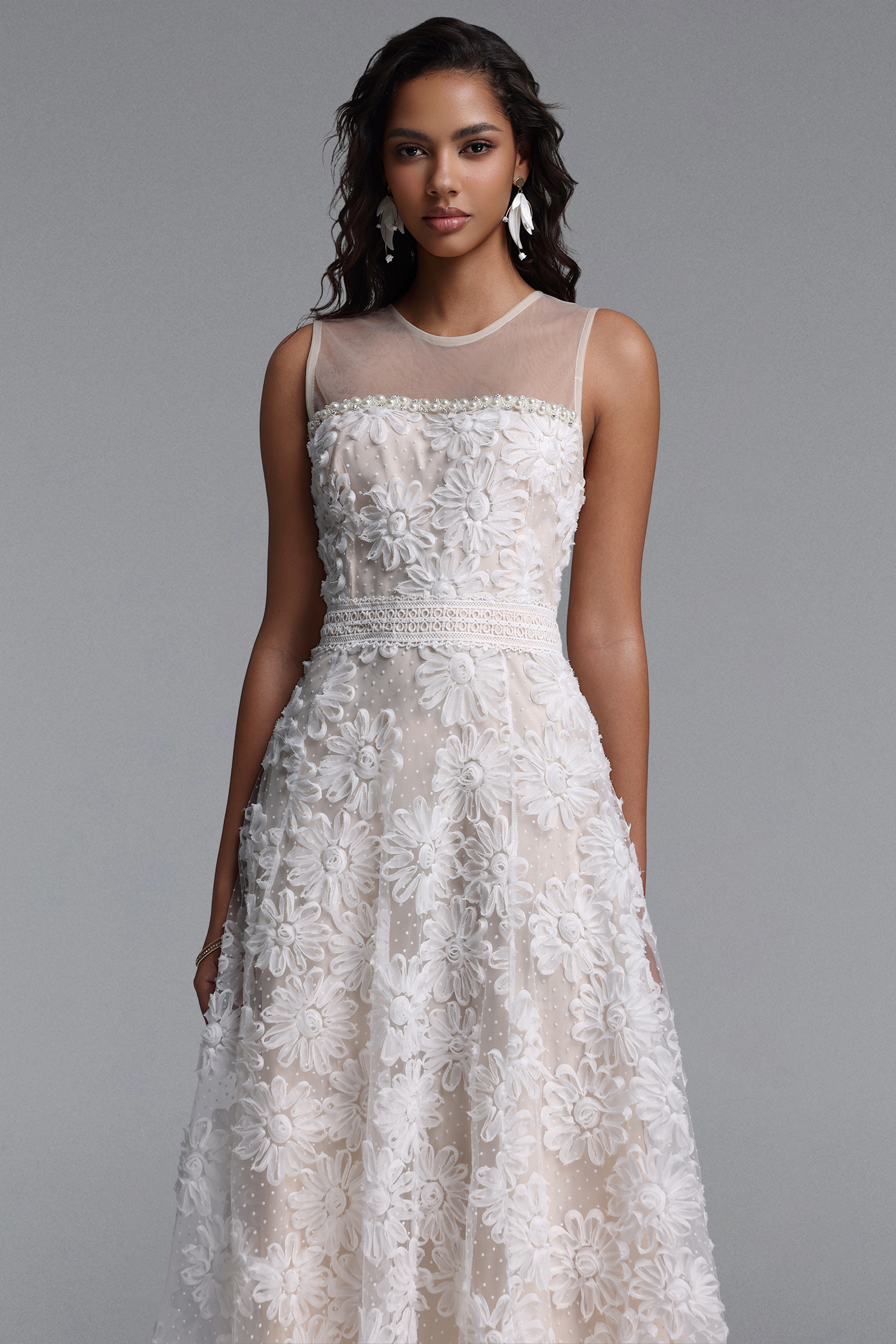 Yeney Resort Flowy Sleeveless Floral Tulle Midi Dress