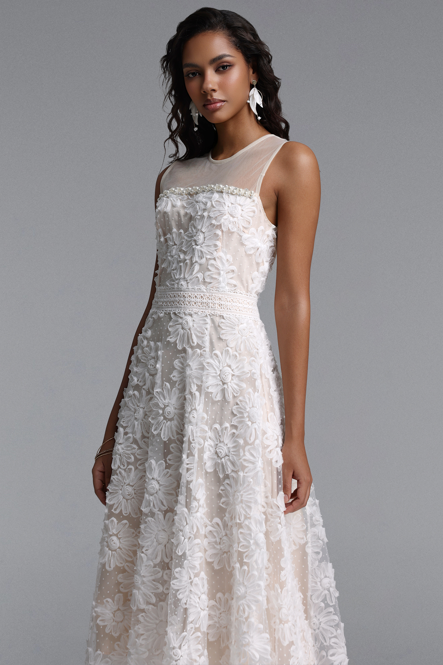 Yeney Resort Flowy Sleeveless Floral Tulle Midi Dress
