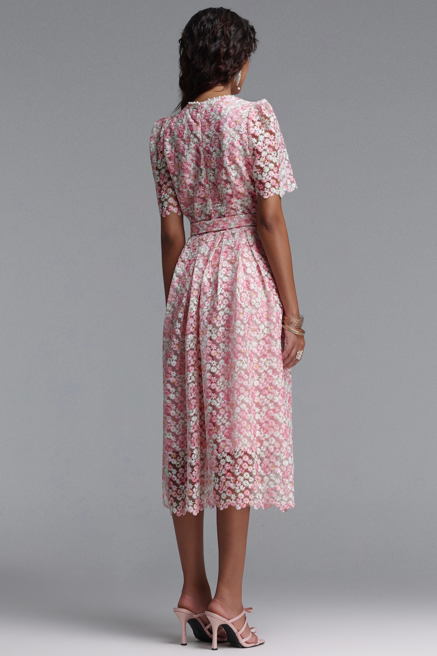 Vincy Romantic Cinched Round Neck Short Sleeve Pearl Floral Lace Midi Dress
