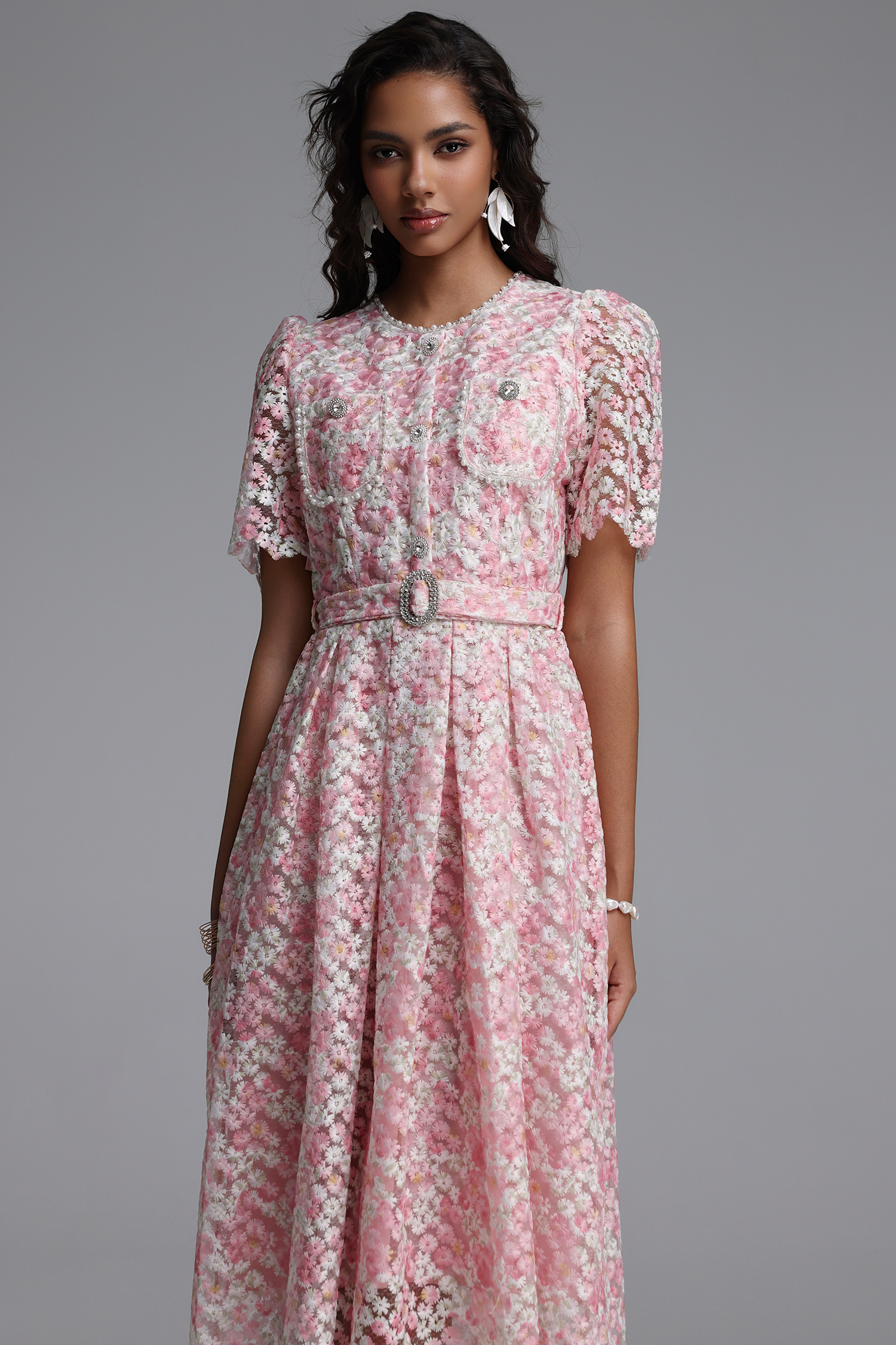 Vincy Romantic Cinched Round Neck Short Sleeve Pearl Floral Lace Midi Dress