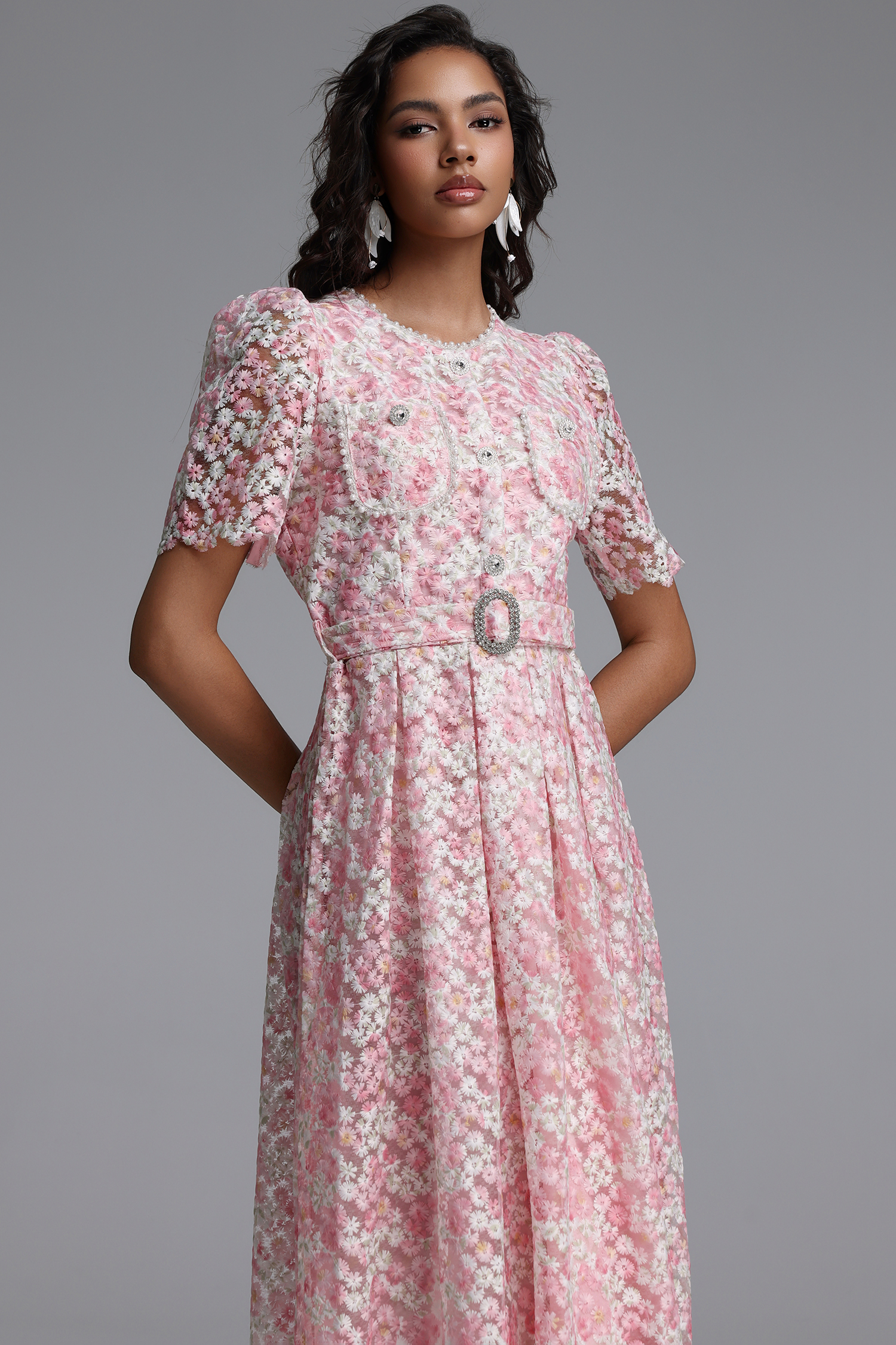 Vincy Romantic Cinched Round Neck Short Sleeve Pearl Floral Lace Midi Dress