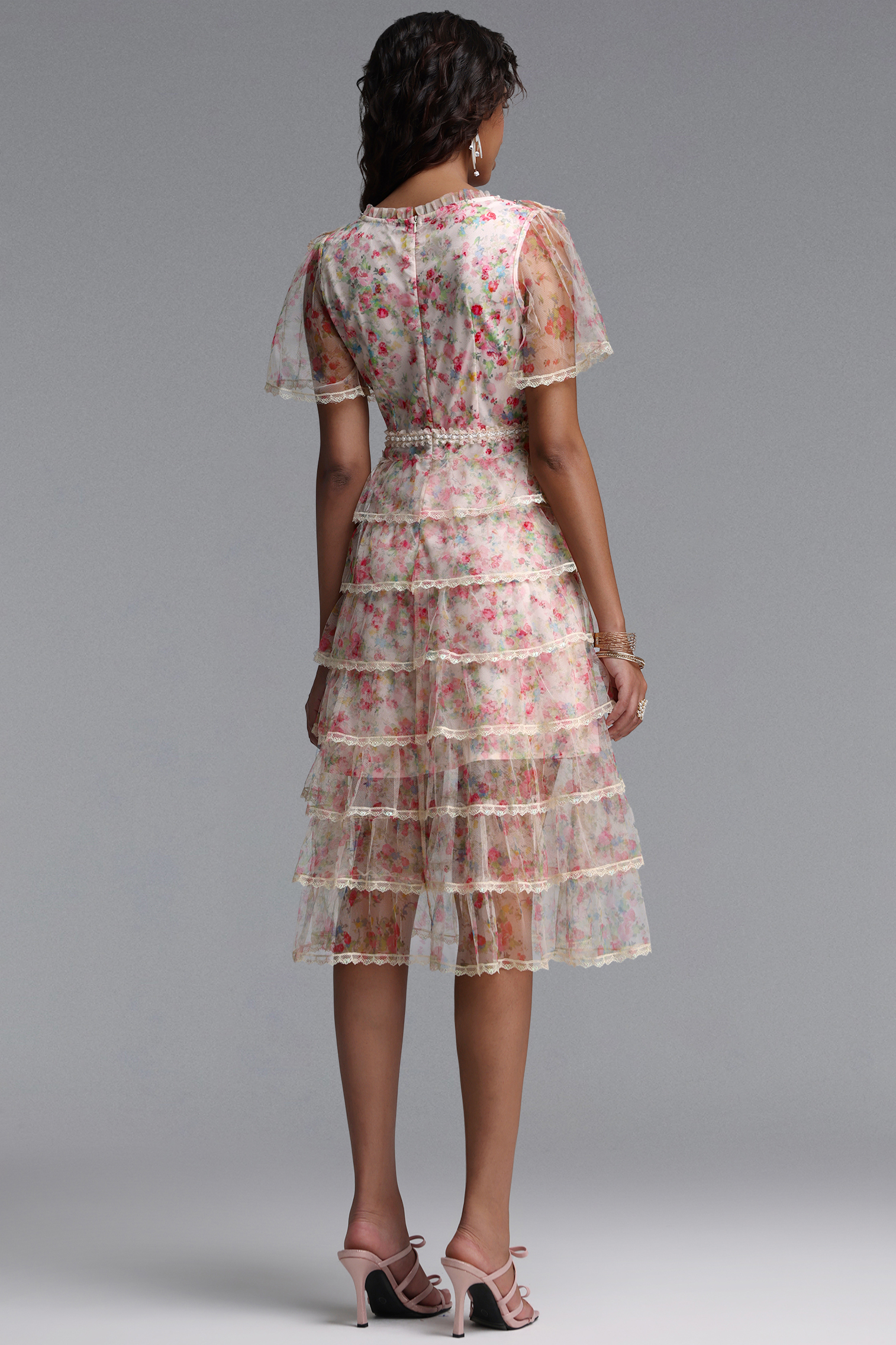 Holly Romantic Flowy Short Sleeve Tiered Ruffle Floral Print Tulle Midi Dress