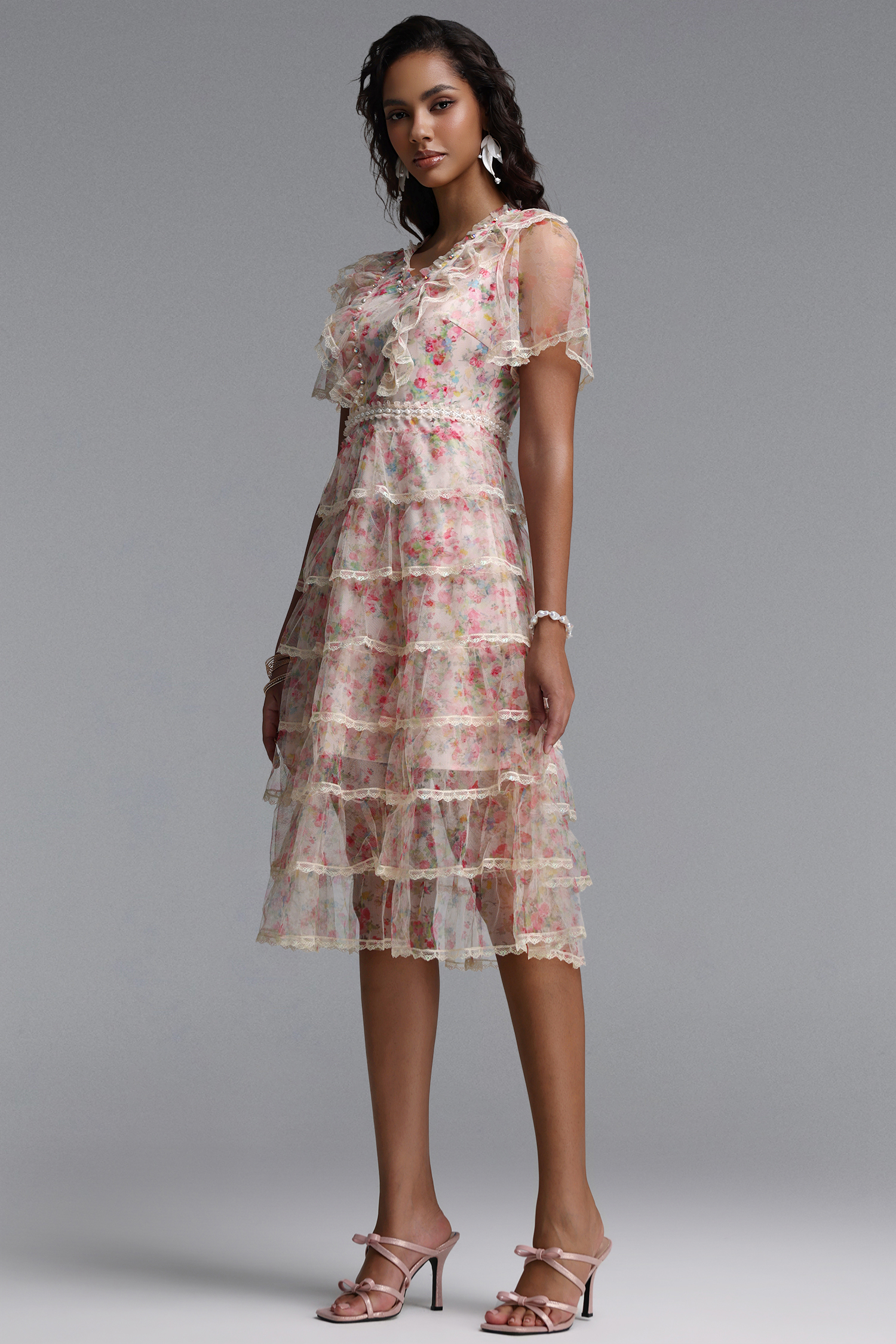 Holly Romantic Flowy Short Sleeve Tiered Ruffle Floral Print Tulle Midi Dress