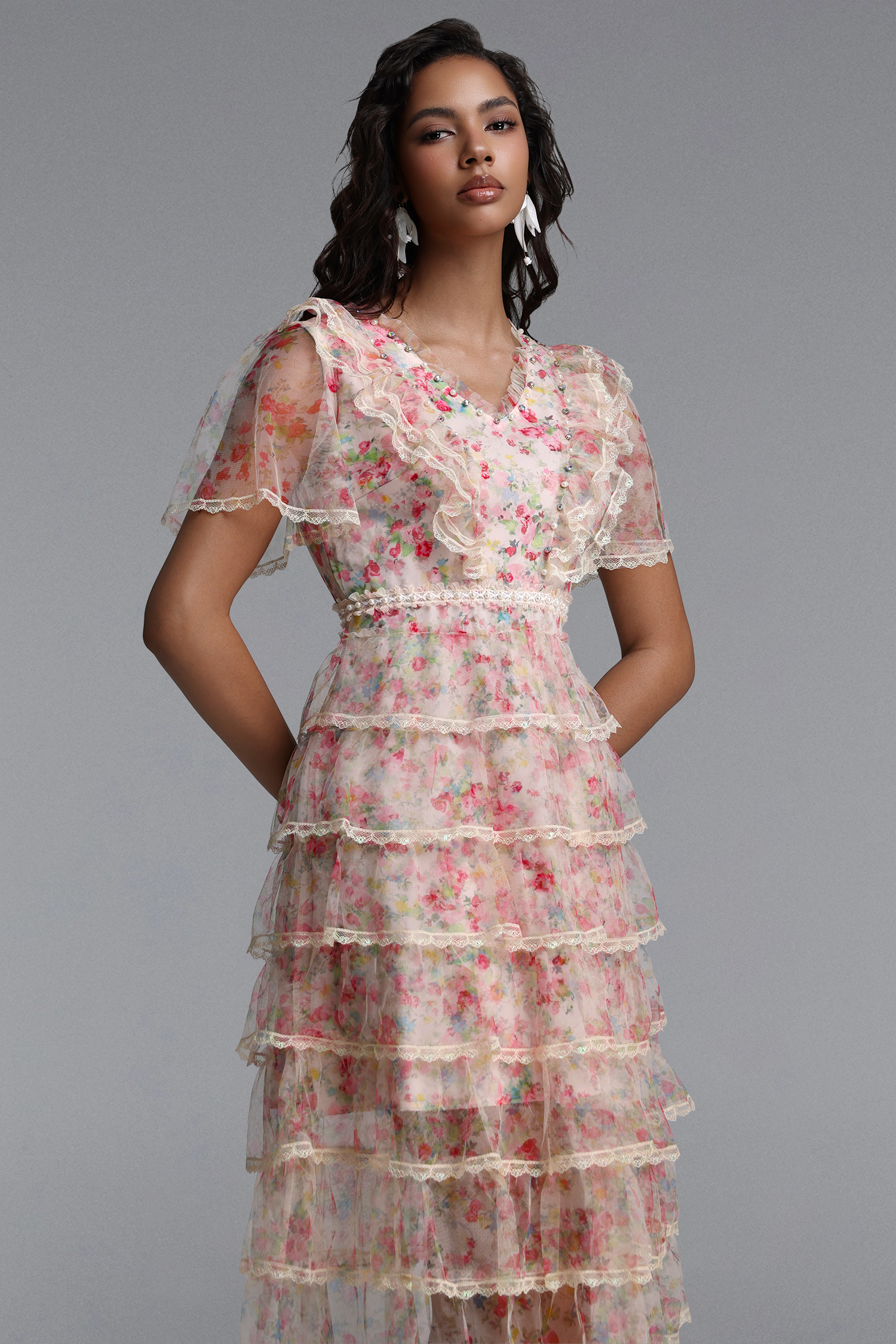 Holly Romantic Flowy Short Sleeve Tiered Ruffle Floral Print Tulle Midi Dress