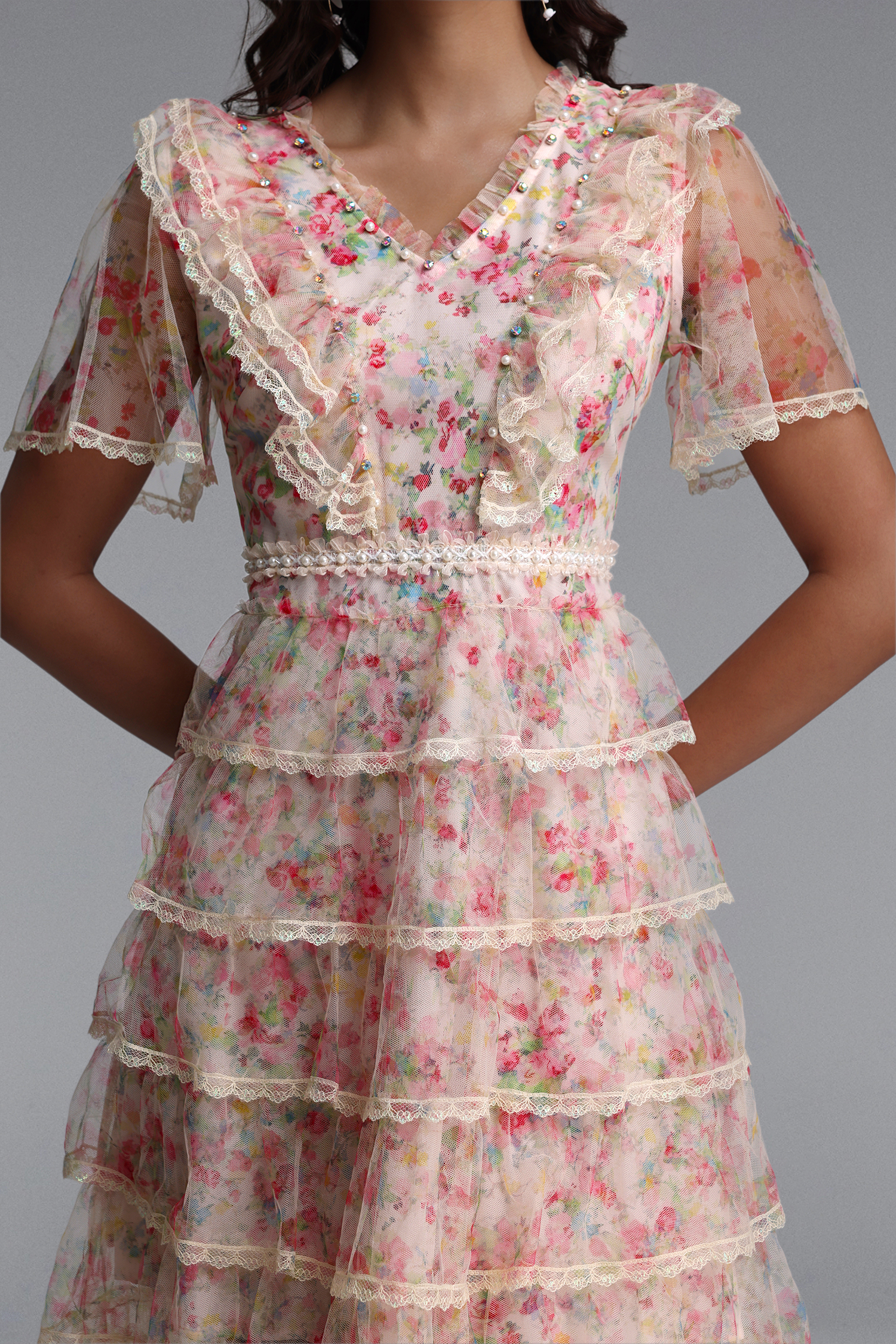 Holly Romantic Flowy Short Sleeve Tiered Ruffle Floral Print Tulle Midi Dress