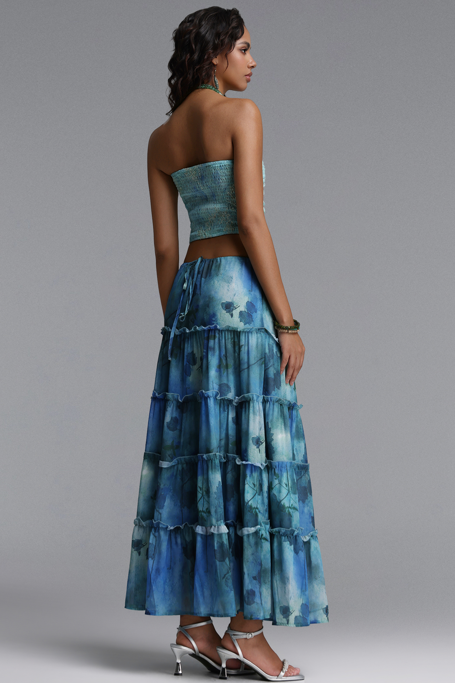 Gala Resort Flowy Strapless Ruffle Print Woven Top and Skirt Two Piece Set