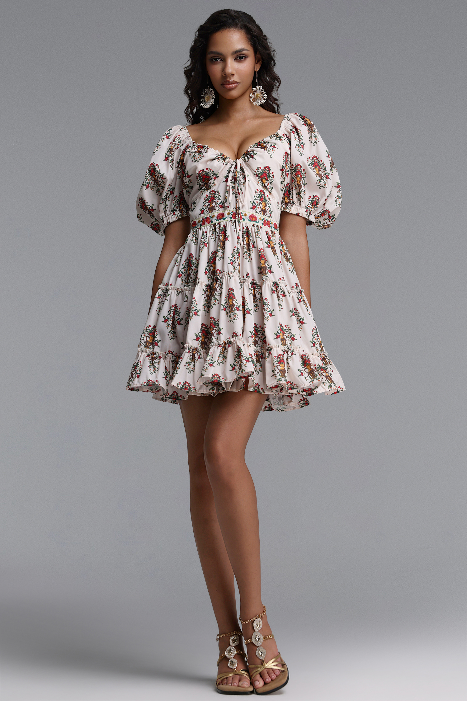 Derza Romantic Flowy Puff Sleeve Floral Print Woven Mini Dress