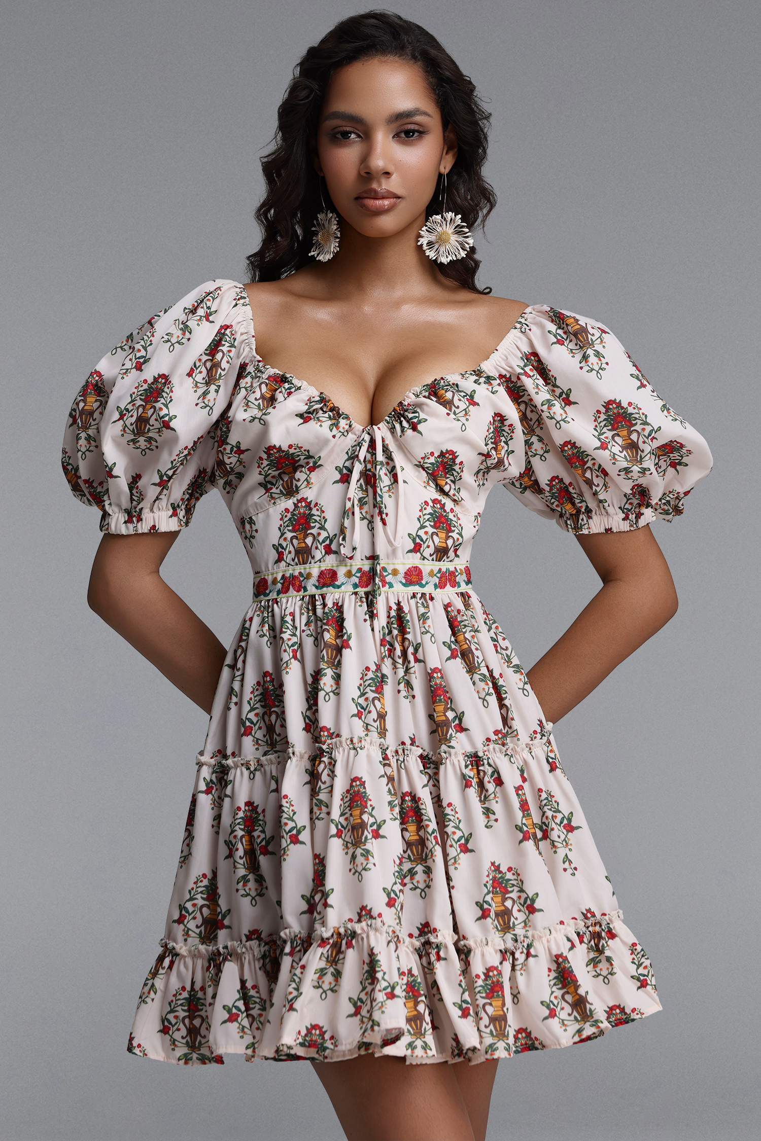 Derza Romantic Flowy Puff Sleeve Floral Print Woven Mini Dress