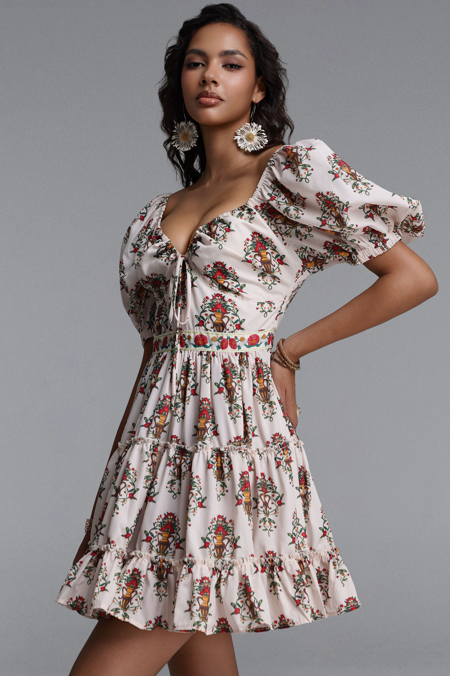 Derza Romantic Flowy Puff Sleeve Floral Print Woven Mini Dress