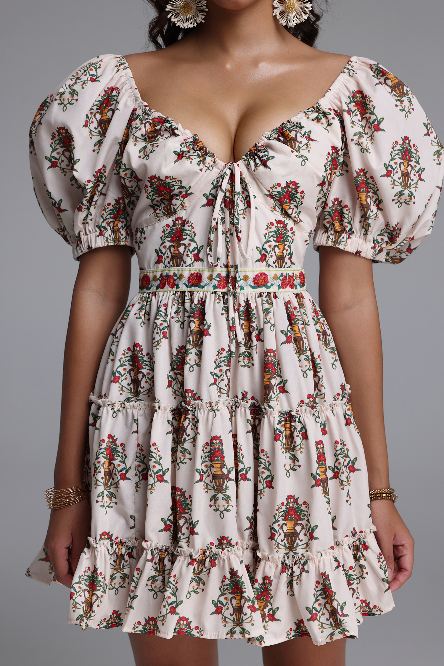 Derza Romantic Flowy Puff Sleeve Floral Print Woven Mini Dress