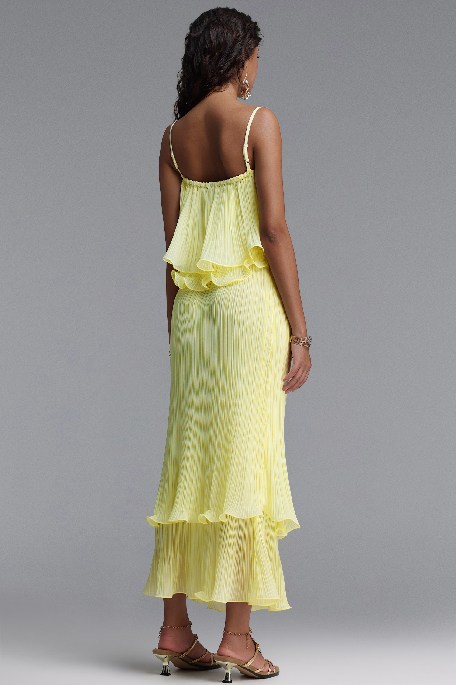 Maris Resort Contour Spaghetti Strap Ruffle Pleated Woven Top and Skirt Two Piece Set