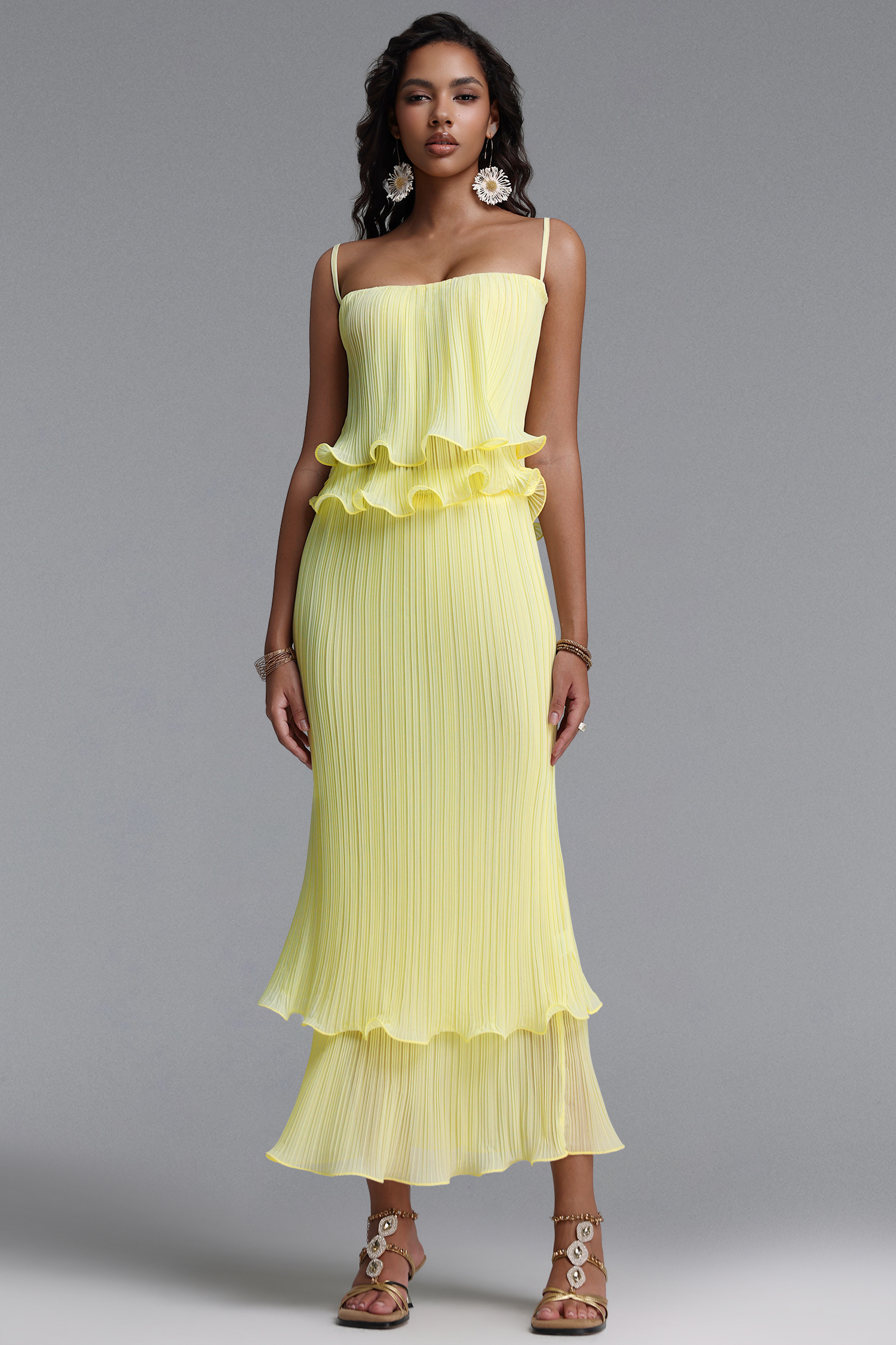 Maris Resort Contour Spaghetti Strap Ruffle Pleated Woven Top and Skirt Two Piece Set