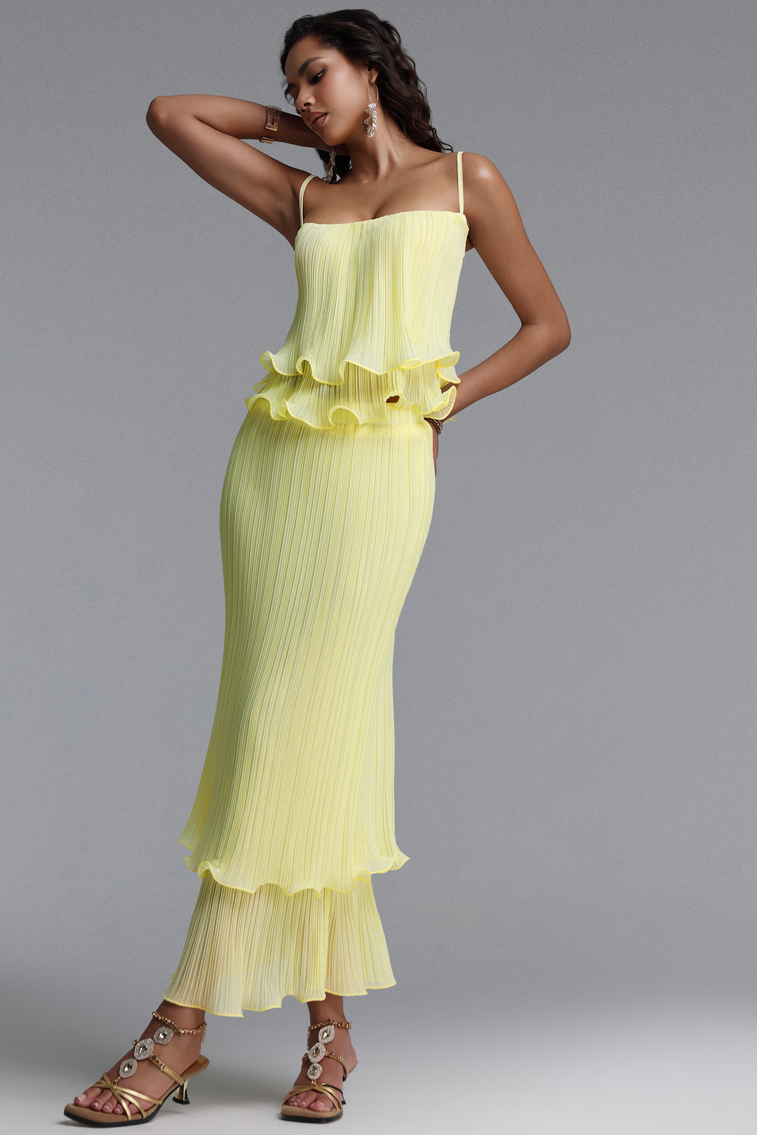 Maris Resort Contour Spaghetti Strap Ruffle Pleated Woven Top and Skirt Two Piece Set