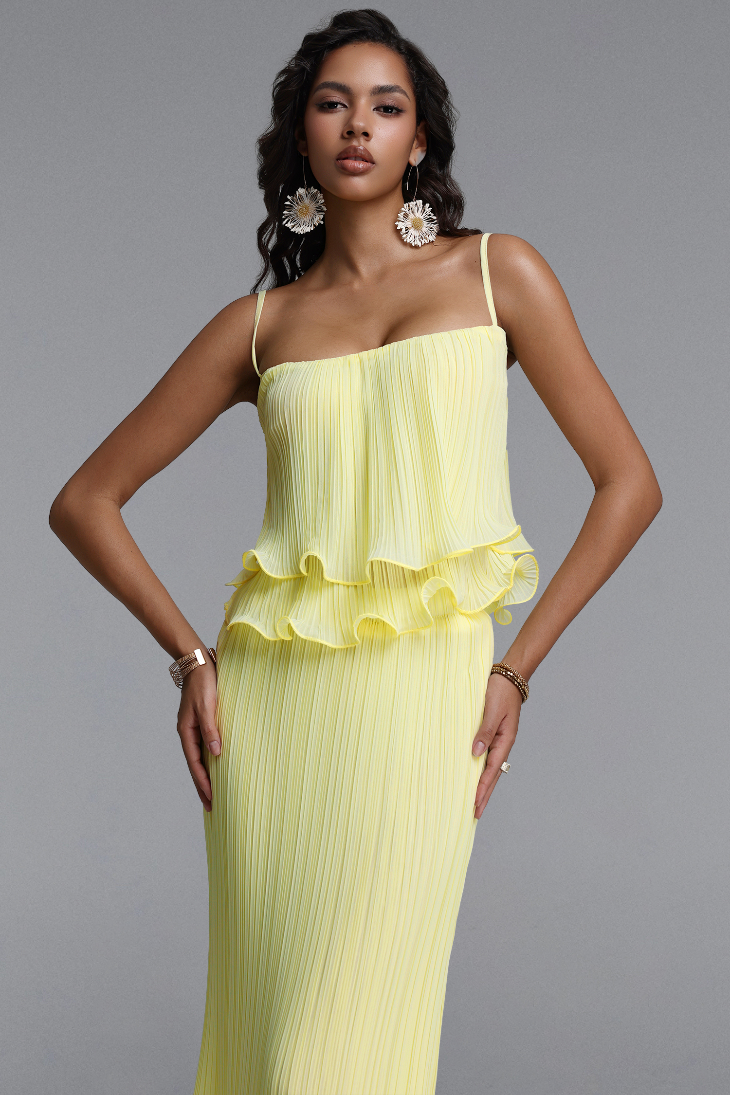 Maris Resort Contour Spaghetti Strap Ruffle Pleated Woven Top and Skirt Two Piece Set