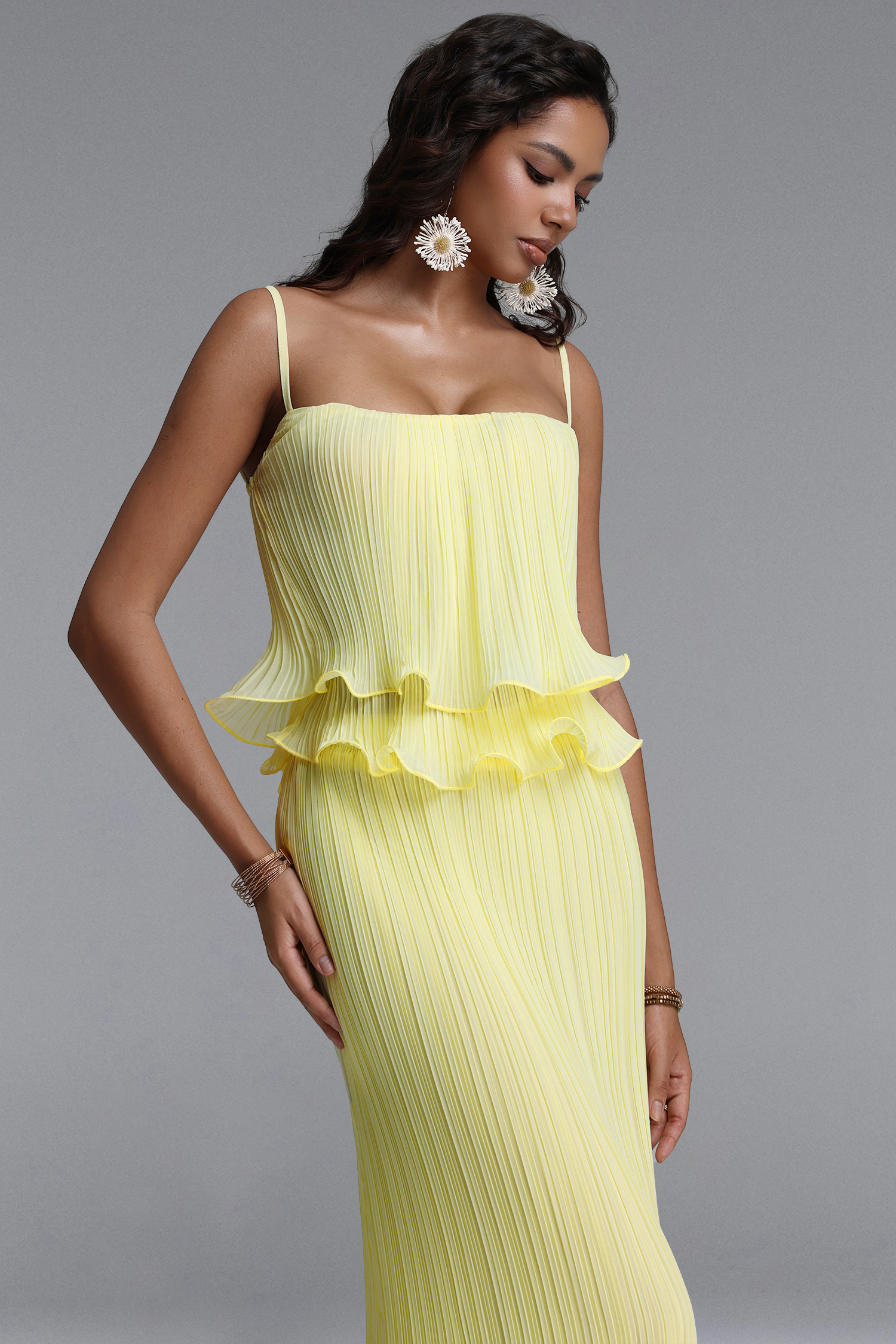 Maris Resort Contour Spaghetti Strap Ruffle Pleated Woven Top and Skirt Two Piece Set