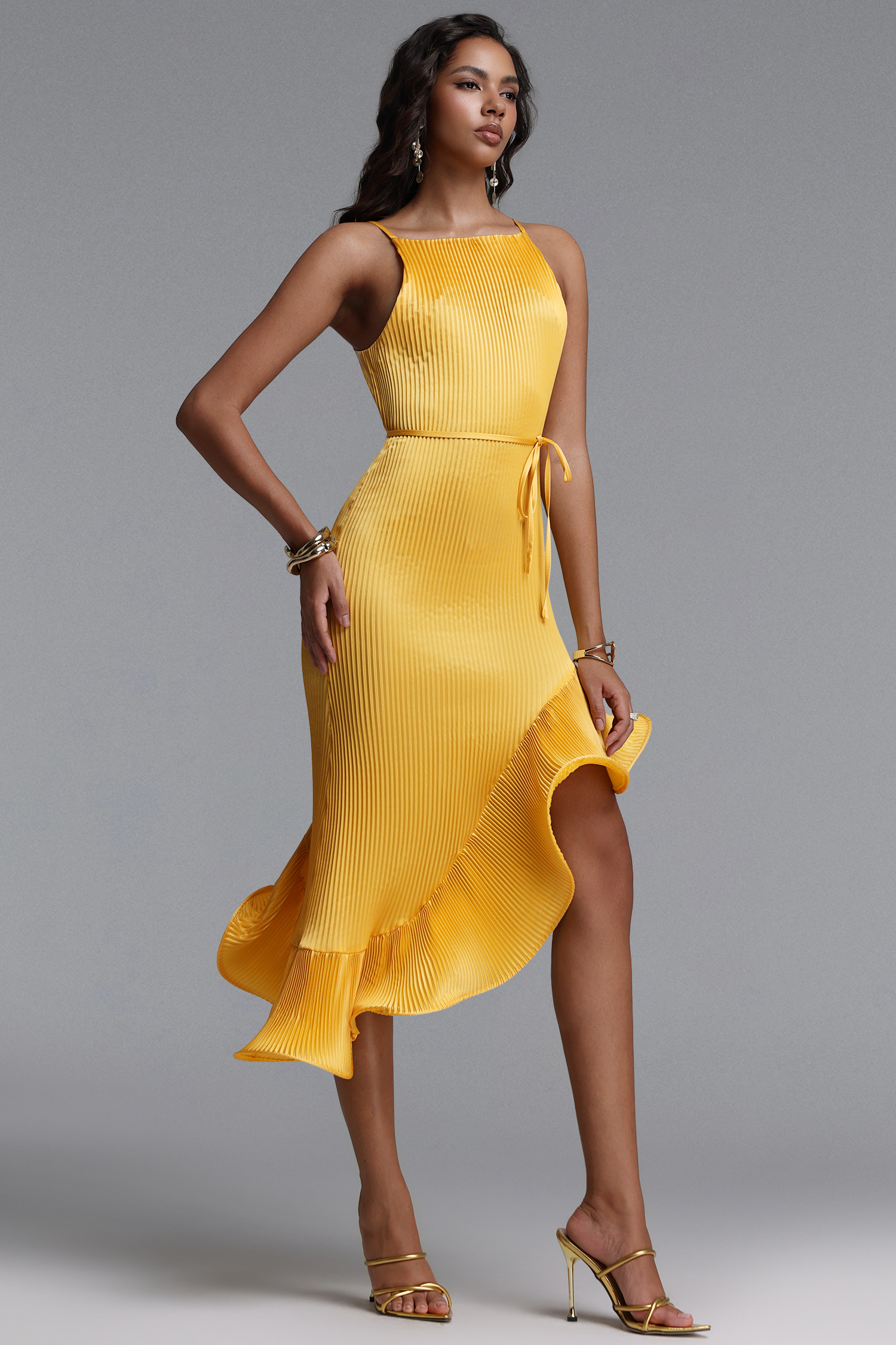 Rerily Resort Flowy Sleeveless Asymmetric Ruffle Pleated Woven Midi Dress