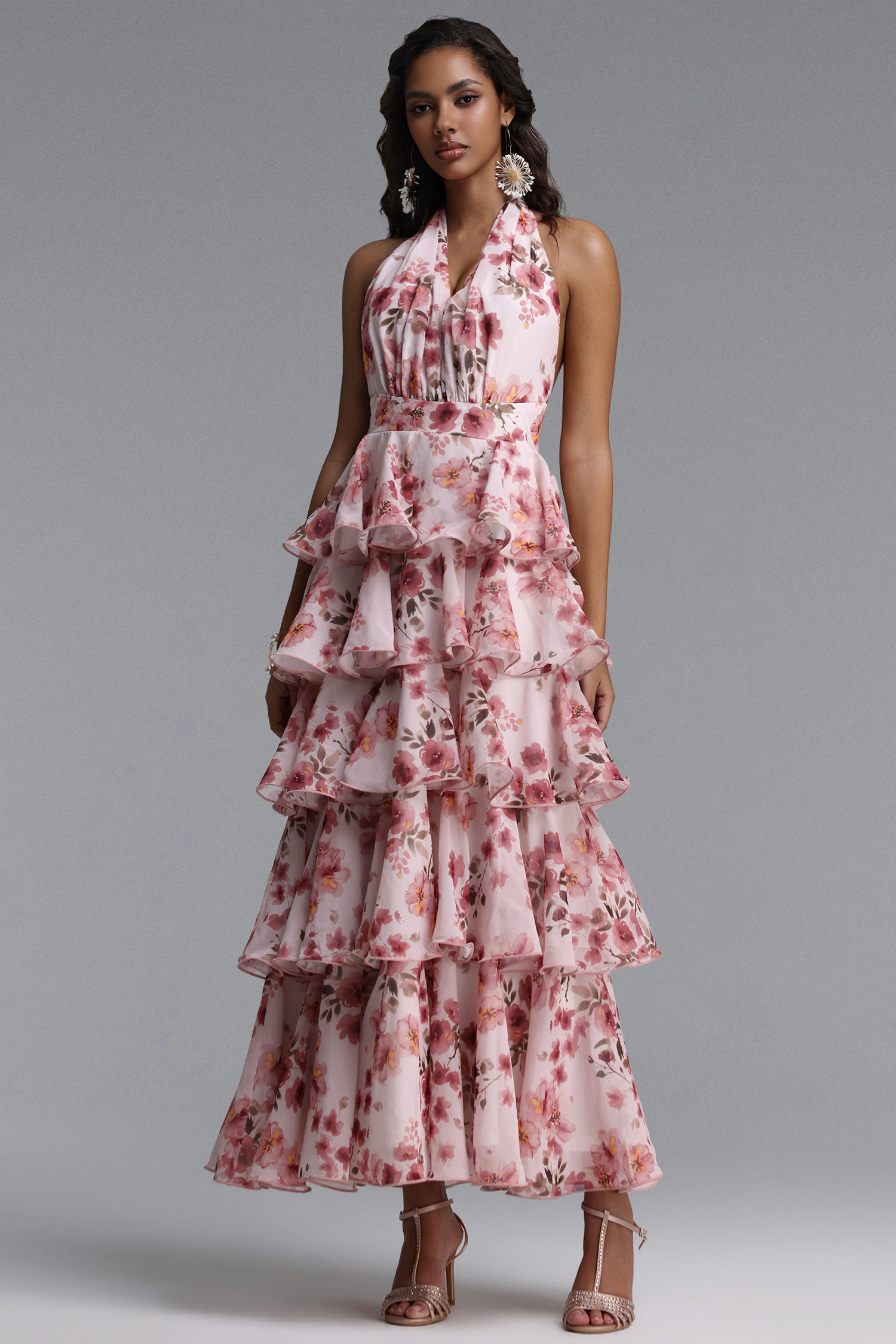 Vinly Romantic Flowy Sleeveless Tiered Ruffle Floral Print Chiffon Maxi Dress