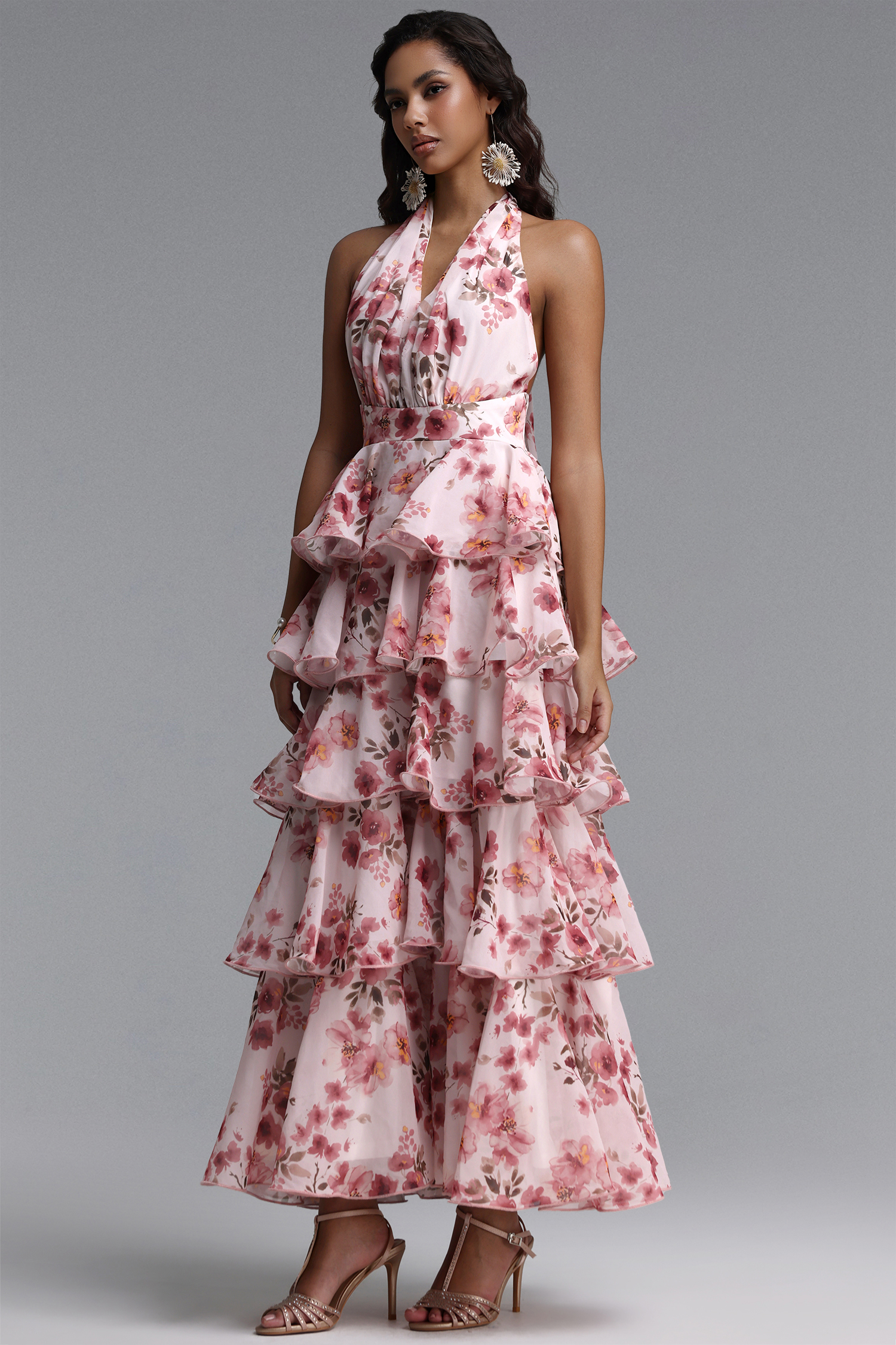 Vinly Romantic Flowy Sleeveless Tiered Ruffle Floral Print Chiffon Maxi Dress