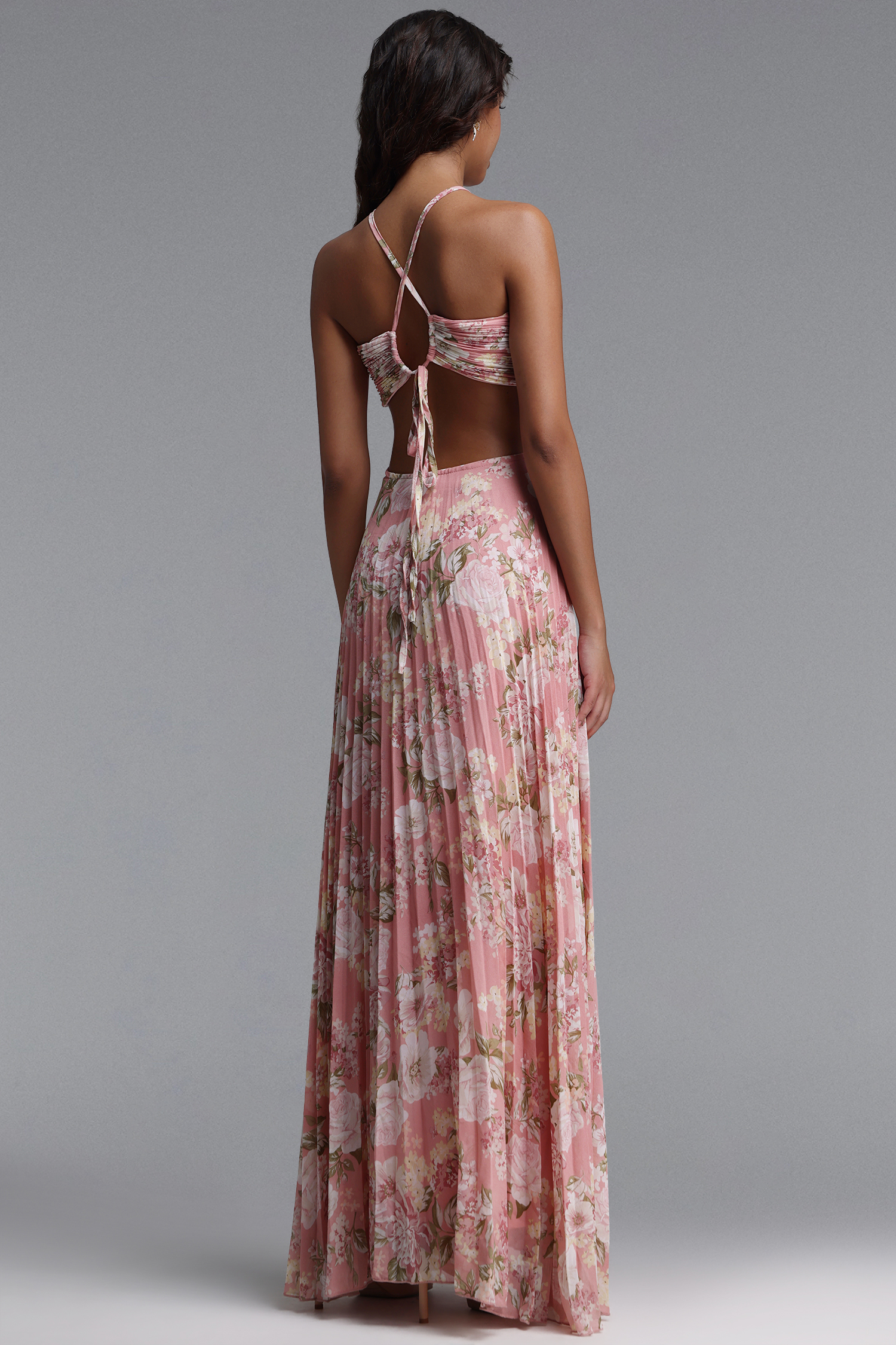 Mia Resort Flowy Spaghetti Strap Pleated Floral Print Woven Maxi Dress