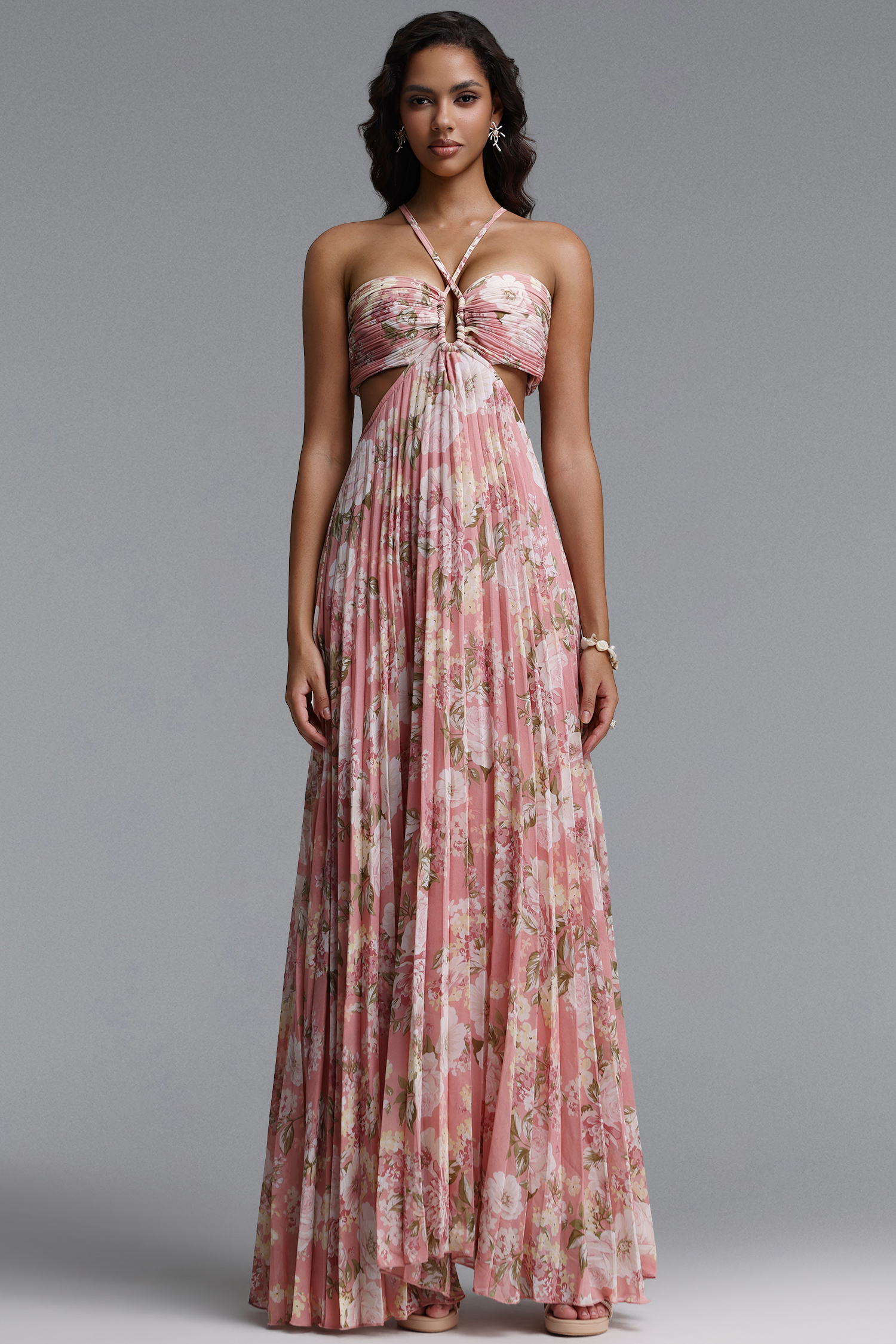 Mia Resort Flowy Spaghetti Strap Pleated Floral Print Woven Maxi Dress