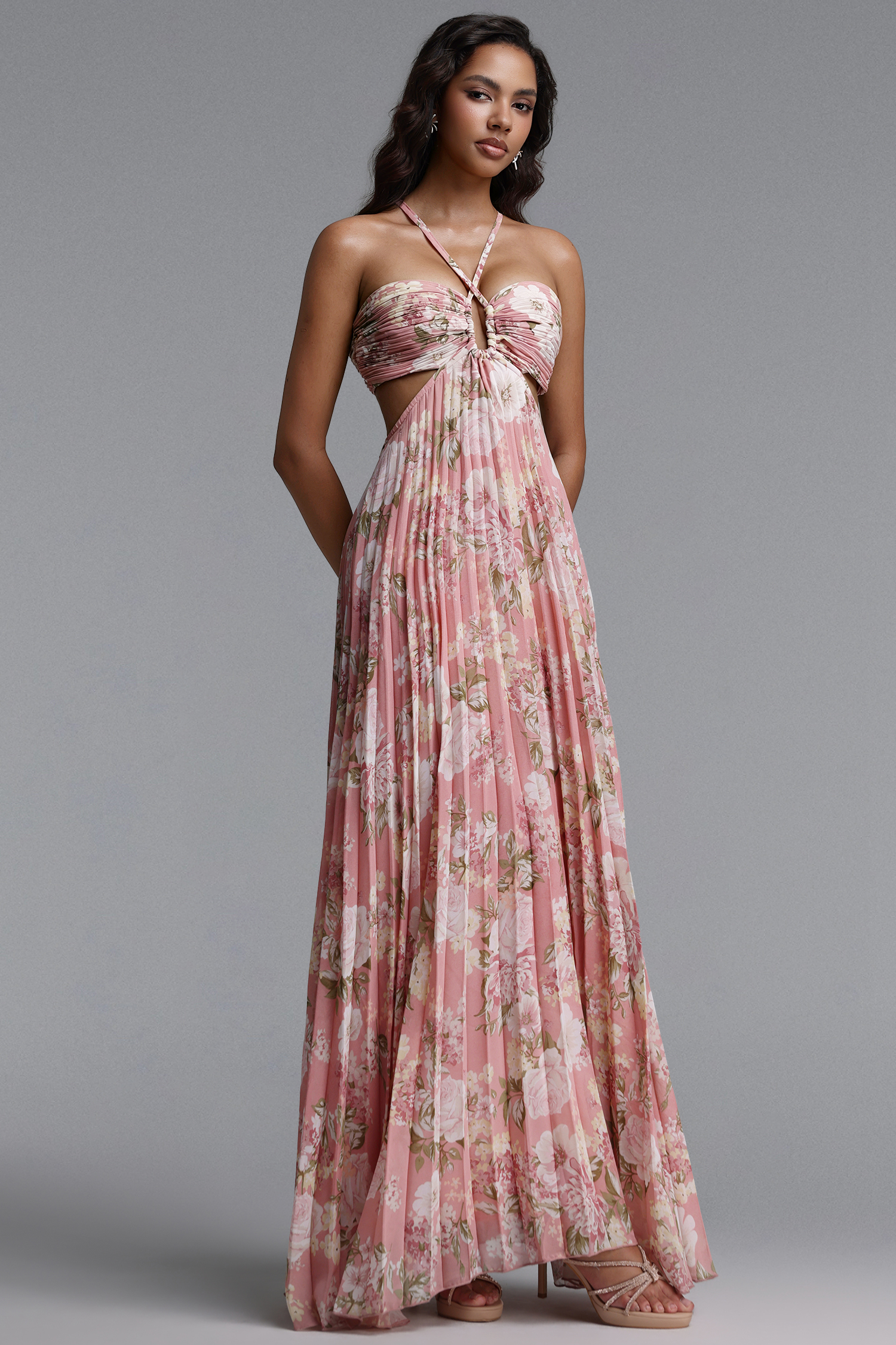 Mia Resort Flowy Spaghetti Strap Pleated Floral Print Woven Maxi Dress